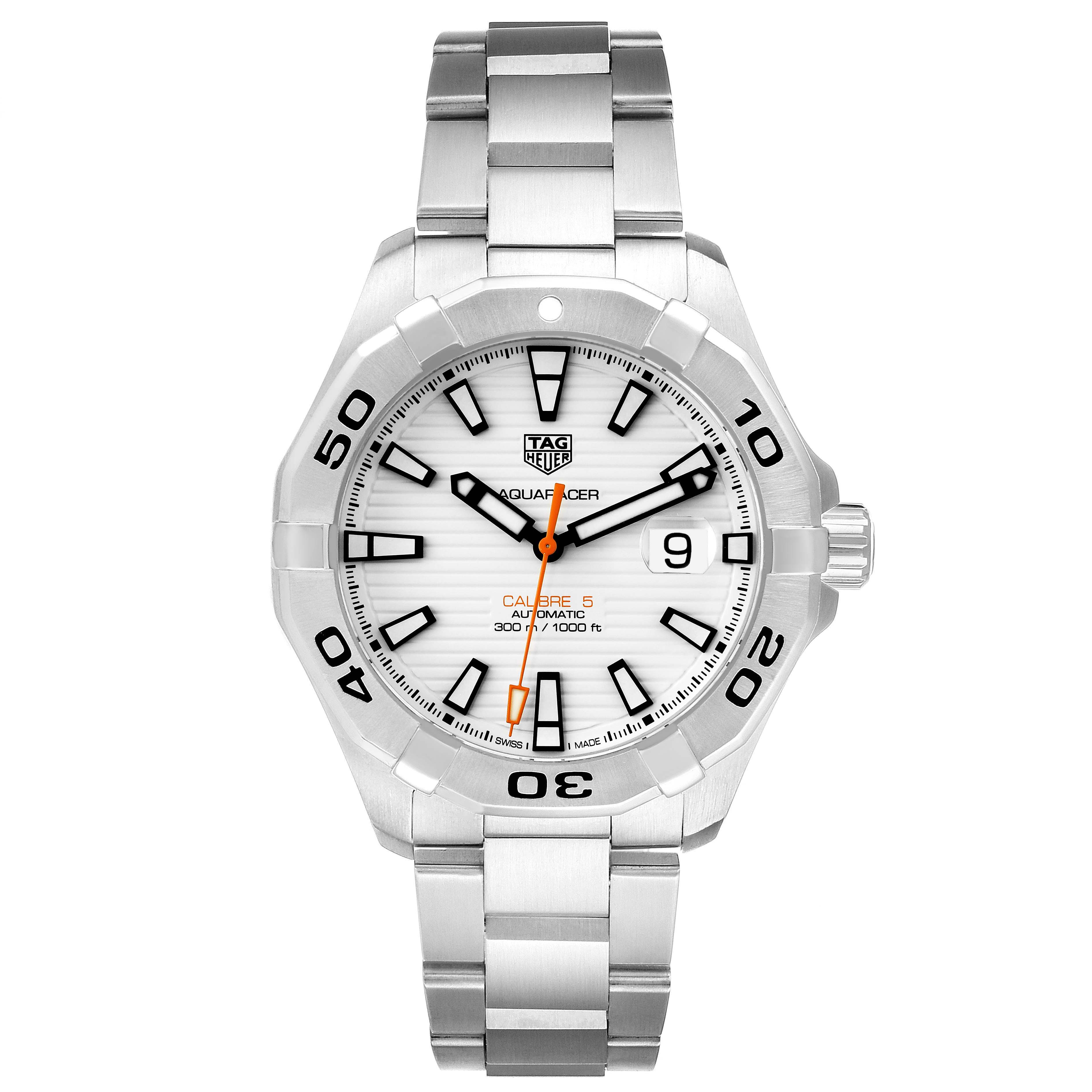 The Tag Heuer Aquaracer WAY2013.BA0927 Men's Stainless Steel White Dial WAY2013.BA0927 Men's Stainless Steel White Dial watch is shown from a front angle, displaying its entire dial, bezel, hands, and stainless steel bracelet.