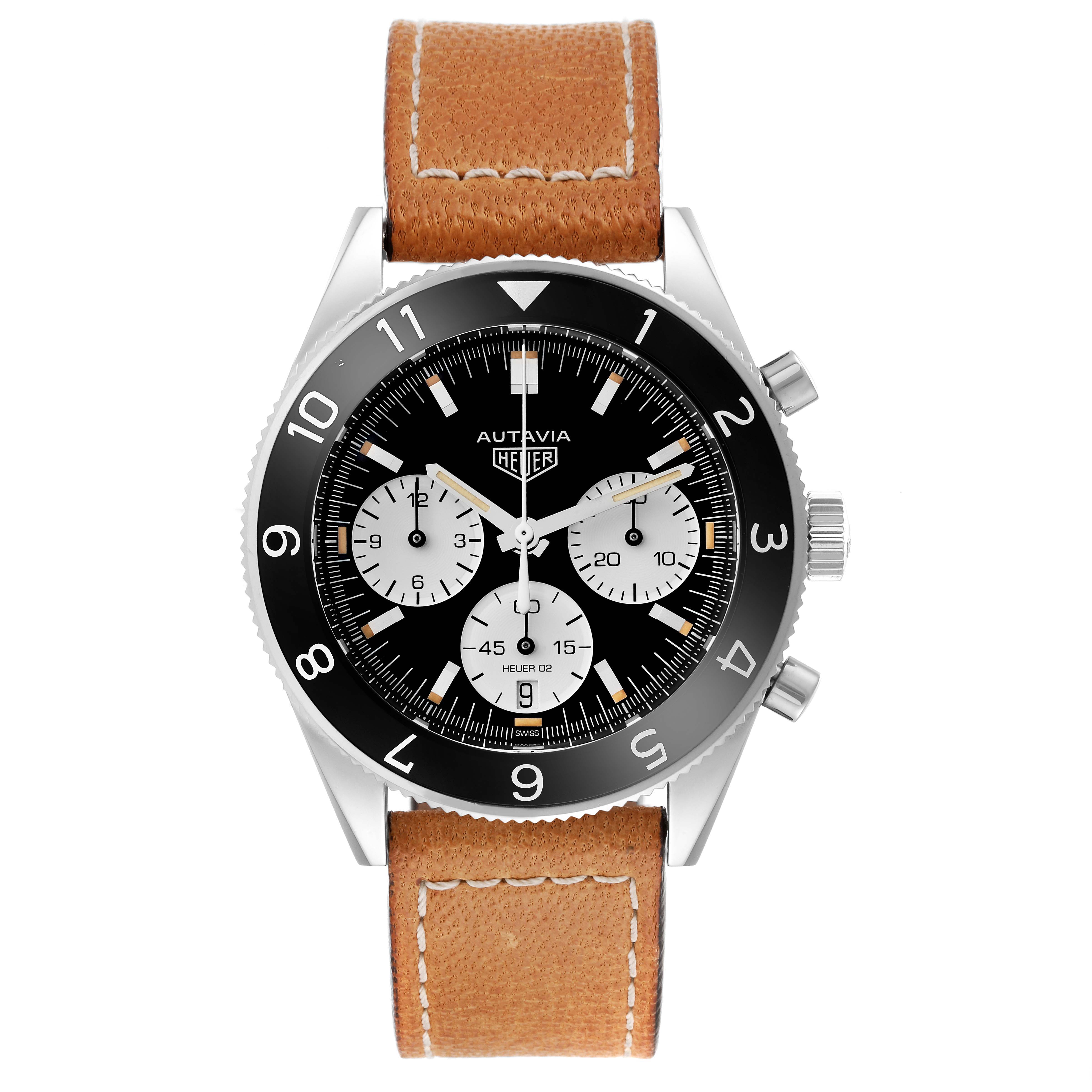 The image shows a front view of the Tag Heuer Autavia CBE2110 Men's Stainless Steel Black Dial CBE2110 Men's Stainless Steel Black Dial watch, displaying the dial, bezel, and brown leather strap.