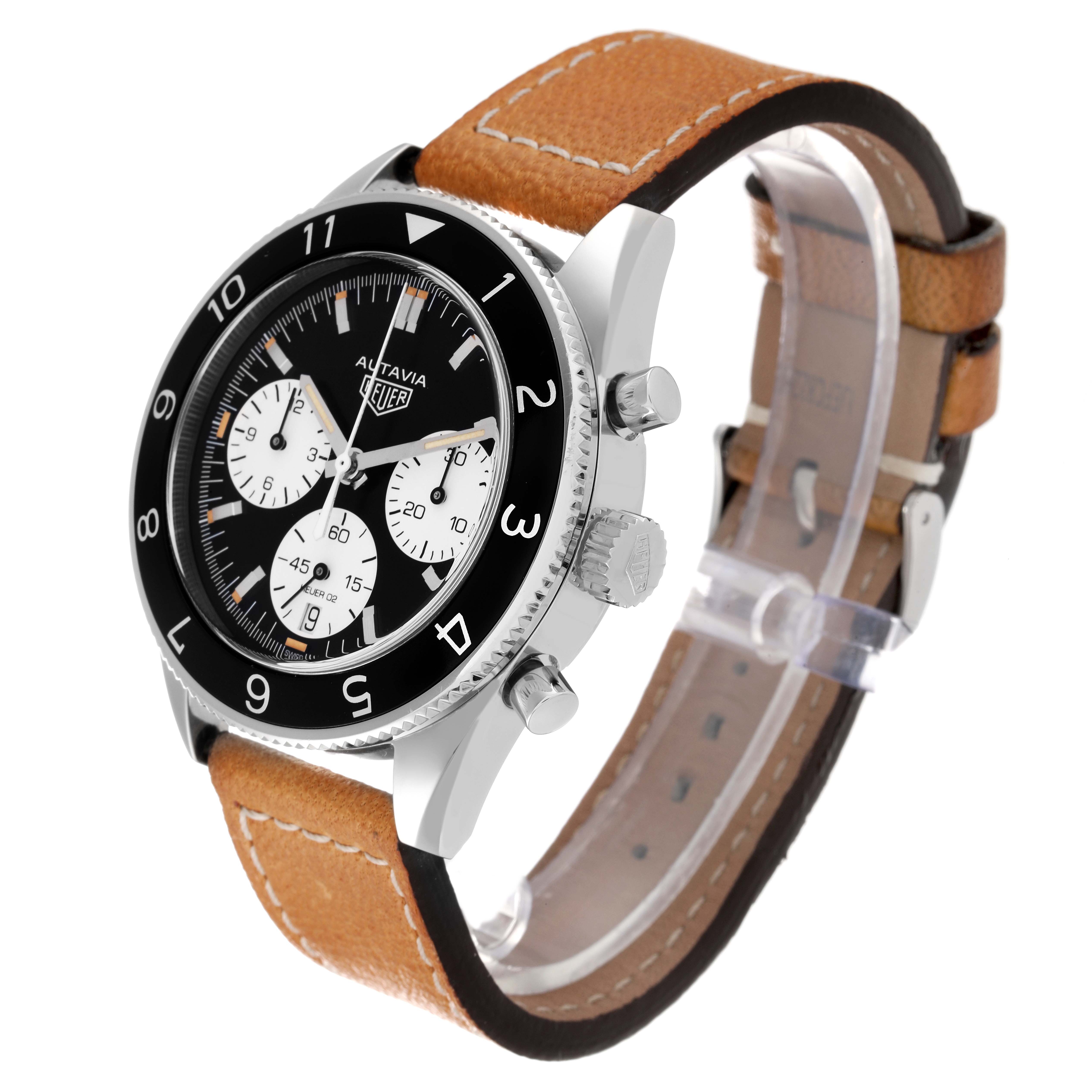 The Tag Heuer Autavia CBE2110 Men's Stainless Steel Black Dial CBE2110 Men's Stainless Steel Black Dial watch is shown at an angle, highlighting its black bezel, white sub-dials, and tan leather strap.
