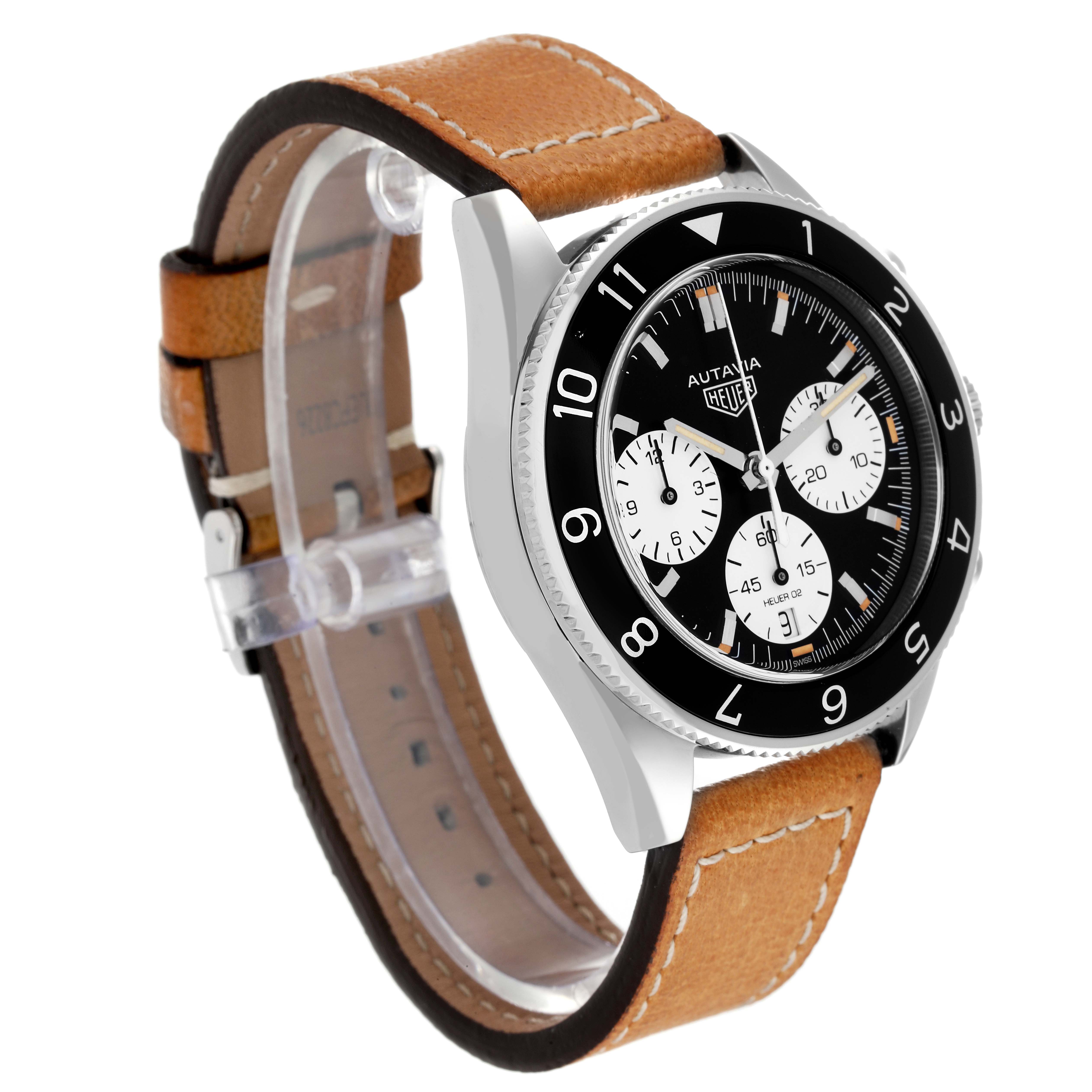 The image shows a Tag Heuer Autavia CBE2110 Men's Stainless Steel Black Dial CBE2110 Men's Stainless Steel Black Dial watch, angled to display the face, bezel, case, and leather strap.