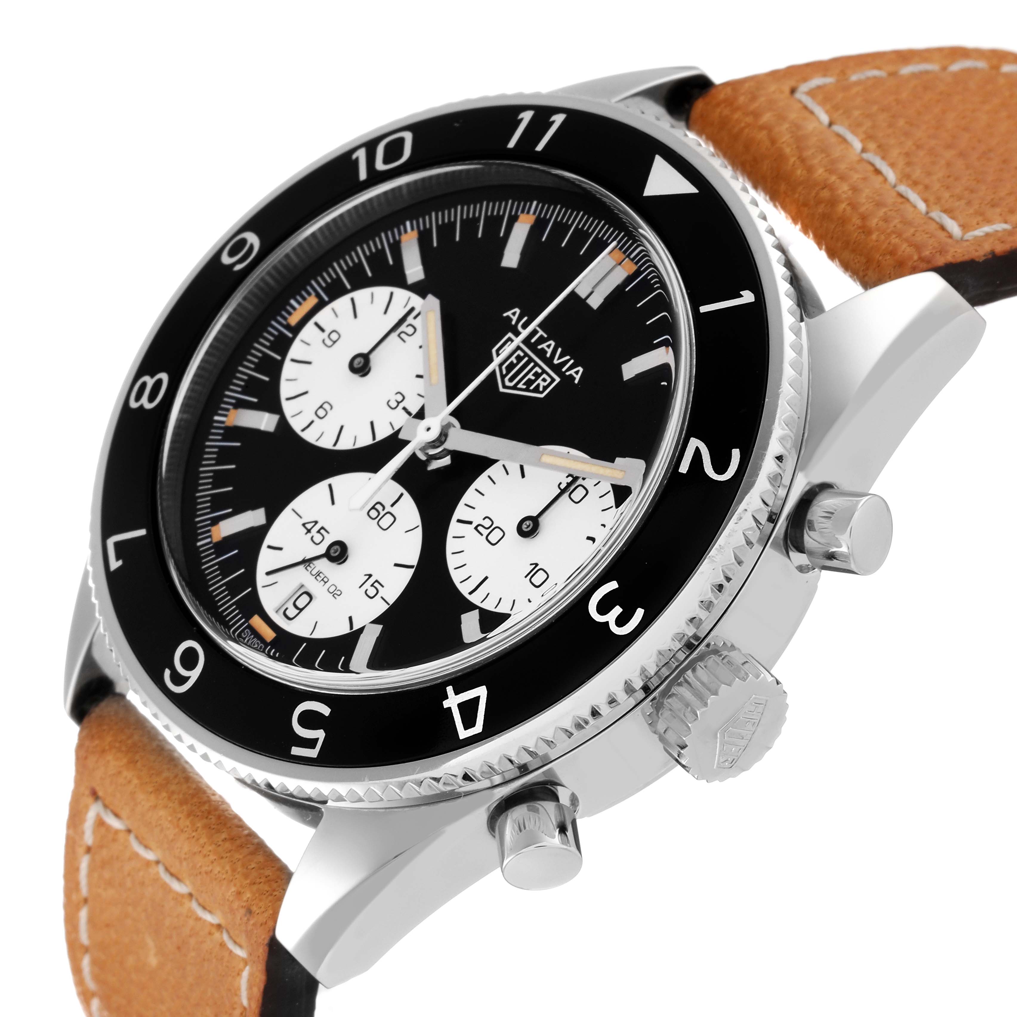 The Tag Heuer Autavia CBE2110 Men's Stainless Steel Black Dial CBE2110 Men's Stainless Steel Black Dial watch is shown from a side angle, highlighting the bezel, crown, pushers, and strap.