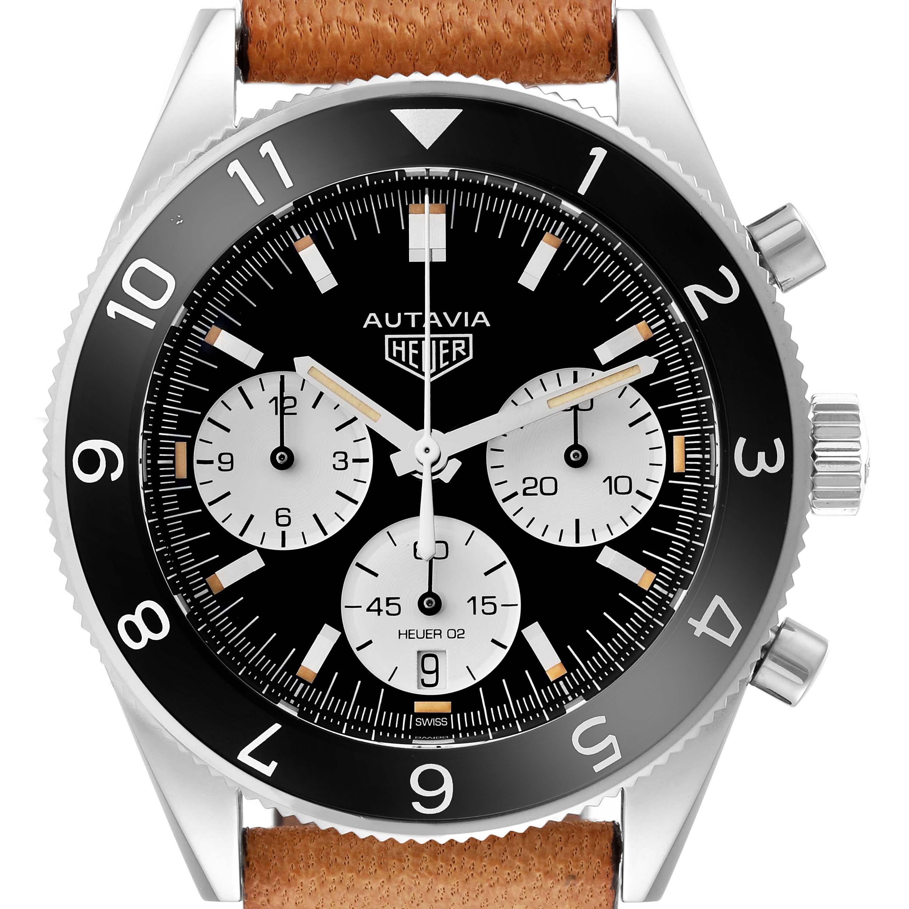 The image shows a front view of a Tag Heuer Autavia CBE2110 Men's Stainless Steel Black Dial CBE2110 Men's Stainless Steel Black Dial watch, highlighting its bezel, dial, subdials, and brown leather strap.