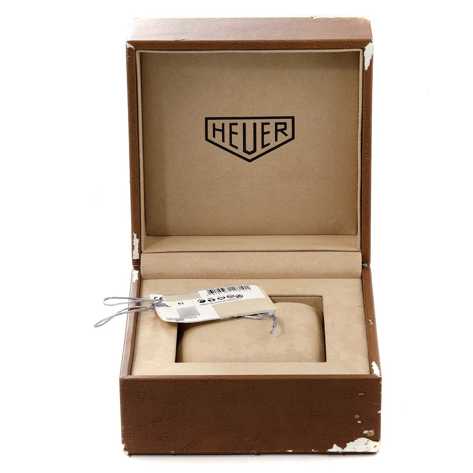 The image shows an open, empty Tag Heuer Autavia CBE2110 Men's Stainless Steel Black Dial CBE2110 Men's Stainless Steel Black Dial watch box with a tag inside.