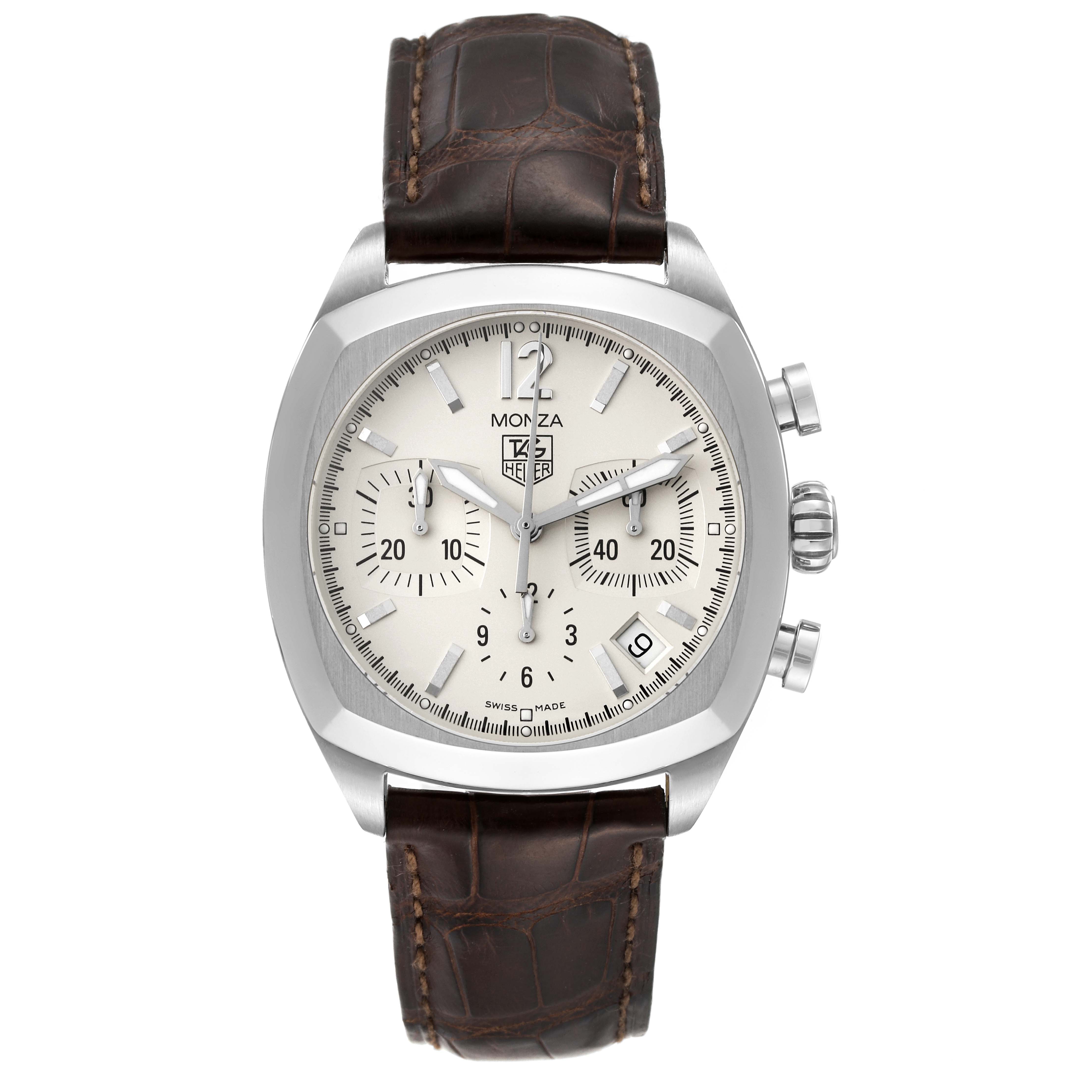 The image shows a front view of the Tag Heuer Monza CR2114 Men's Stainless Steel Silver Dial CR2114 Men's Stainless Steel Silver Dial watch, featuring a brown leather strap and stainless steel case.