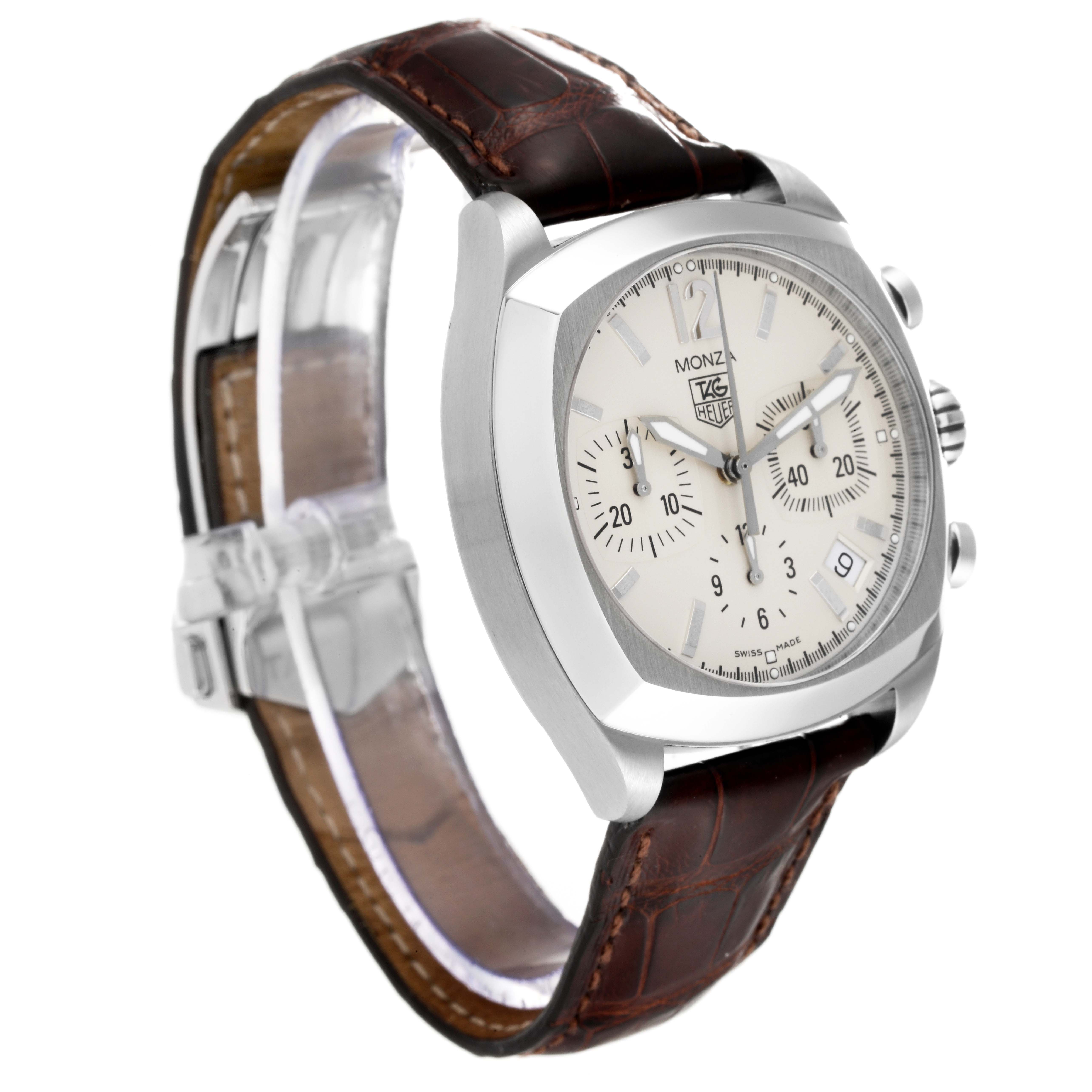 The image shows a Tag Heuer Monza CR2114 Men's Stainless Steel Silver Dial CR2114 Men's Stainless Steel Silver Dial watch at a three-quarter angle, highlighting its dial, bezel, and leather strap.