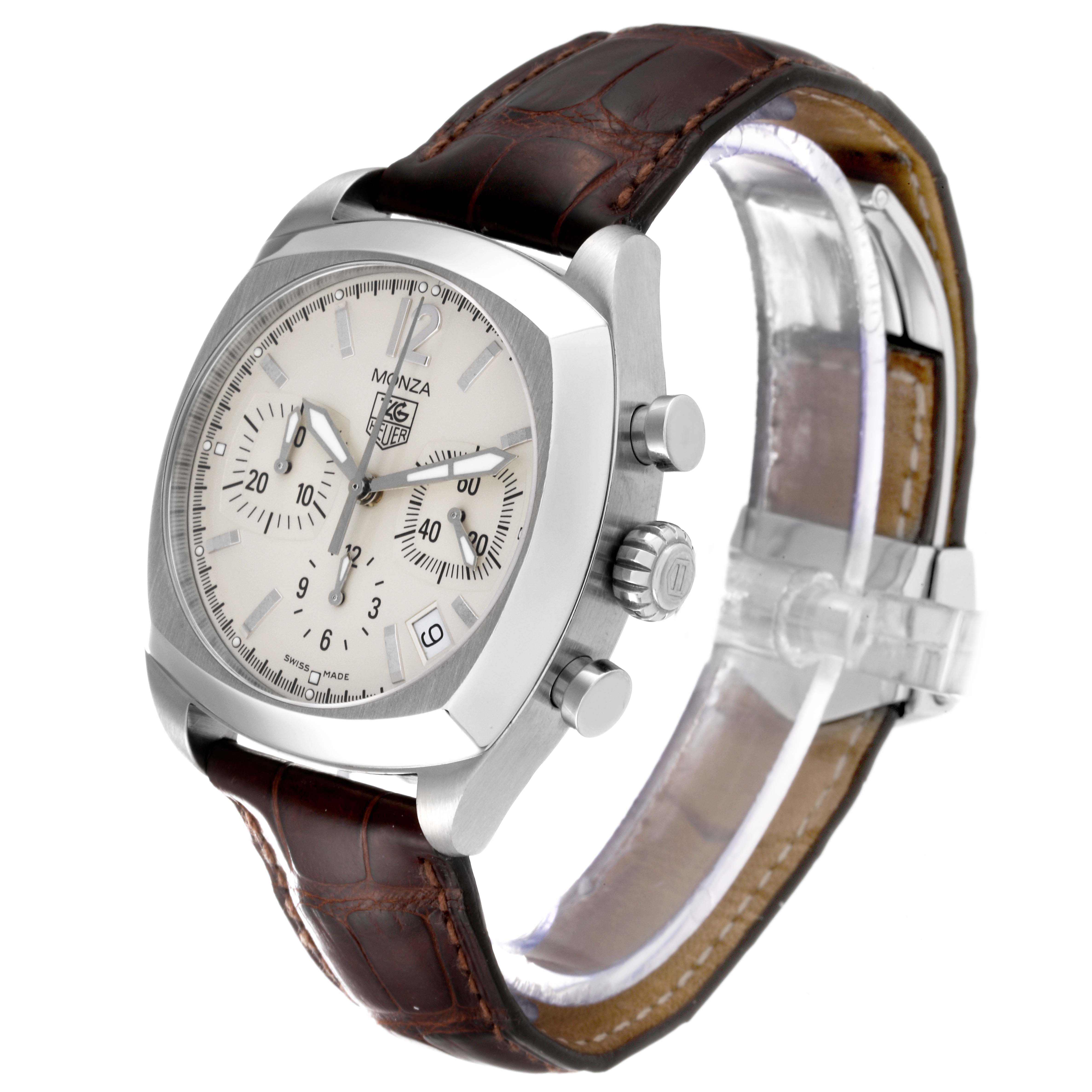 The Tag Heuer Monza CR2114 Men's Stainless Steel Silver Dial CR2114 Men's Stainless Steel Silver Dial watch is shown at an oblique angle, highlighting the dial, chronograph buttons, and the leather strap.