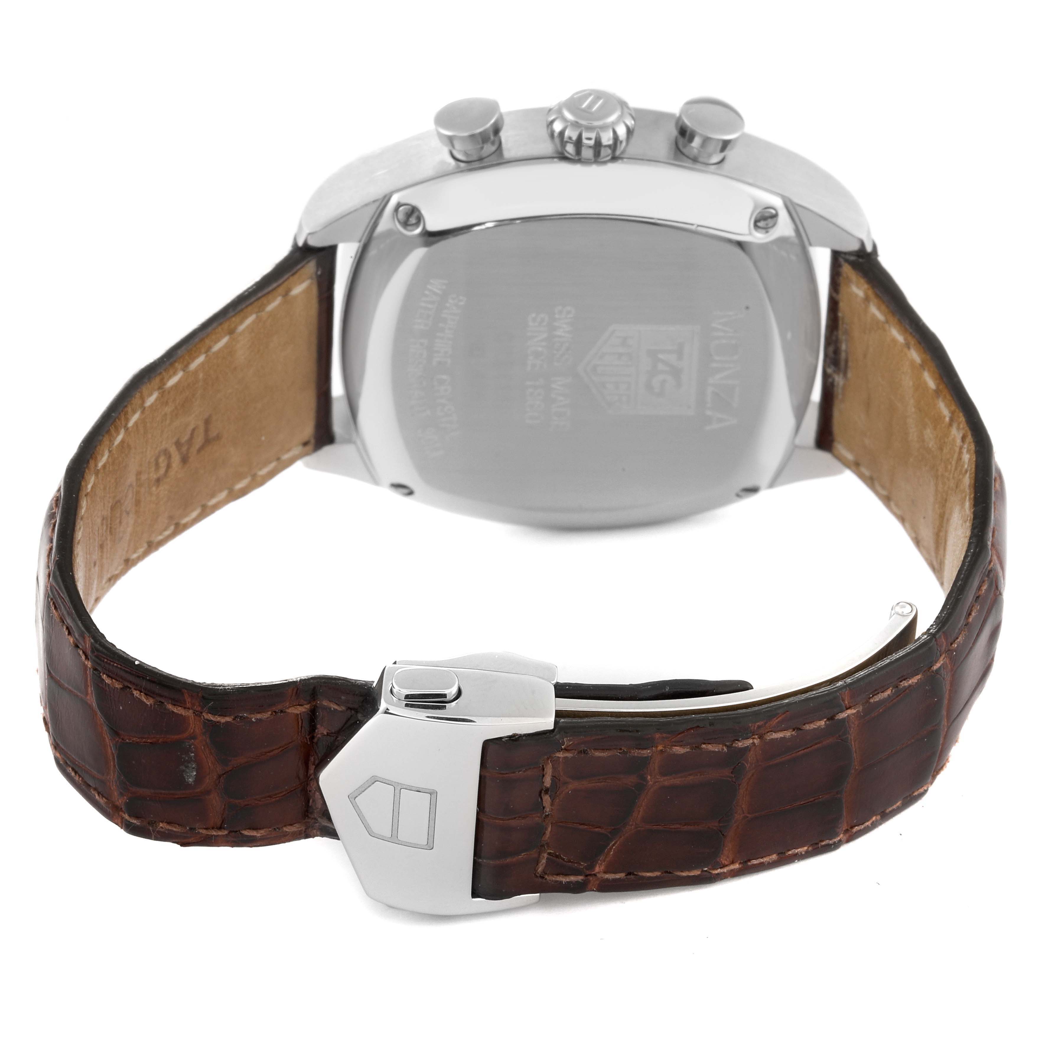 The image shows the back casing and leather strap of the Tag Heuer Monza CR2114 Men's Stainless Steel Silver Dial CR2114 Men's Stainless Steel Silver Dial watch, highlighting the clasp and crown.