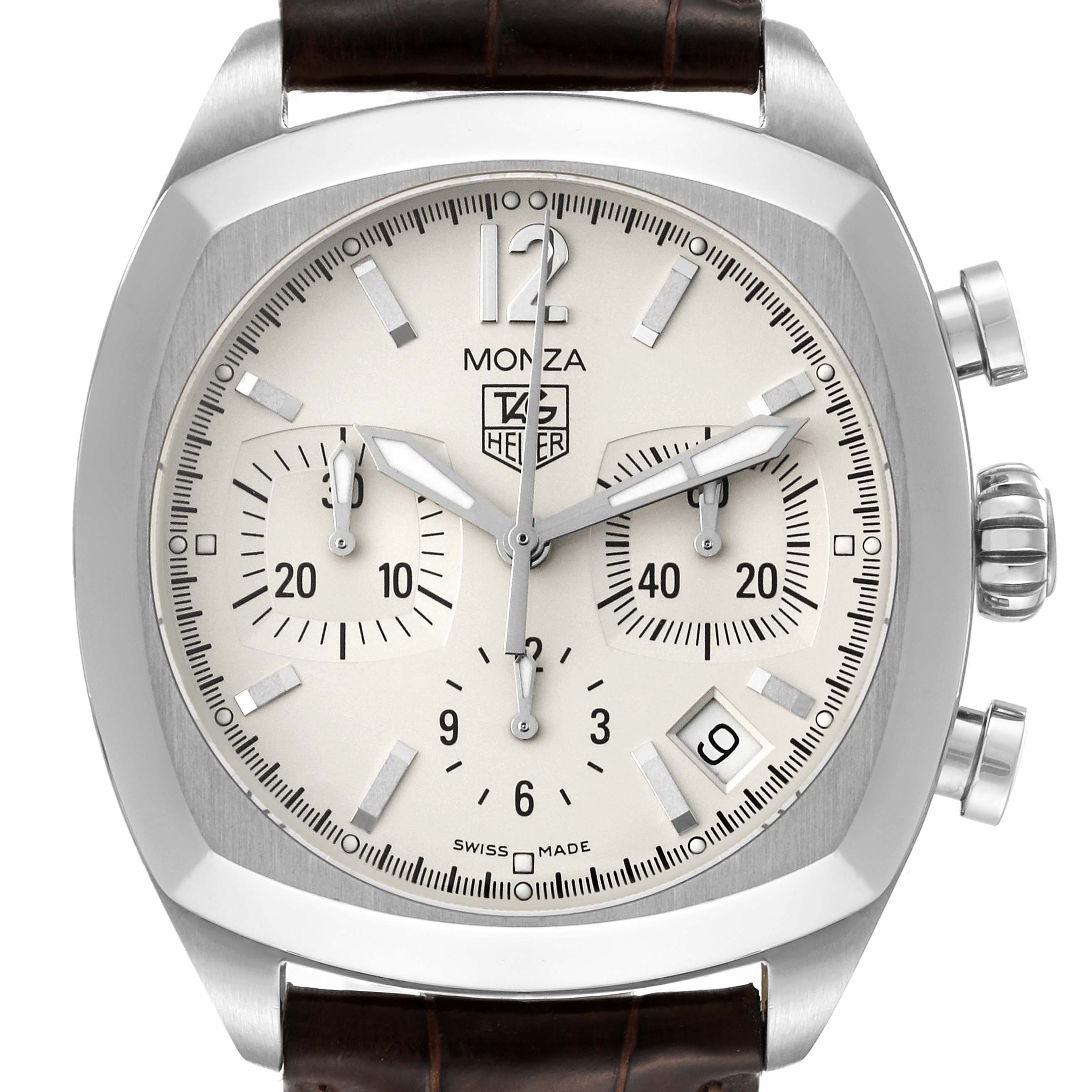 The image shows a frontal view of the Tag Heuer Monza CR2114 Men's Stainless Steel Silver Dial CR2114 Men's Stainless Steel Silver Dial watch, highlighting its chronograph dials, date window, and brown leather strap.