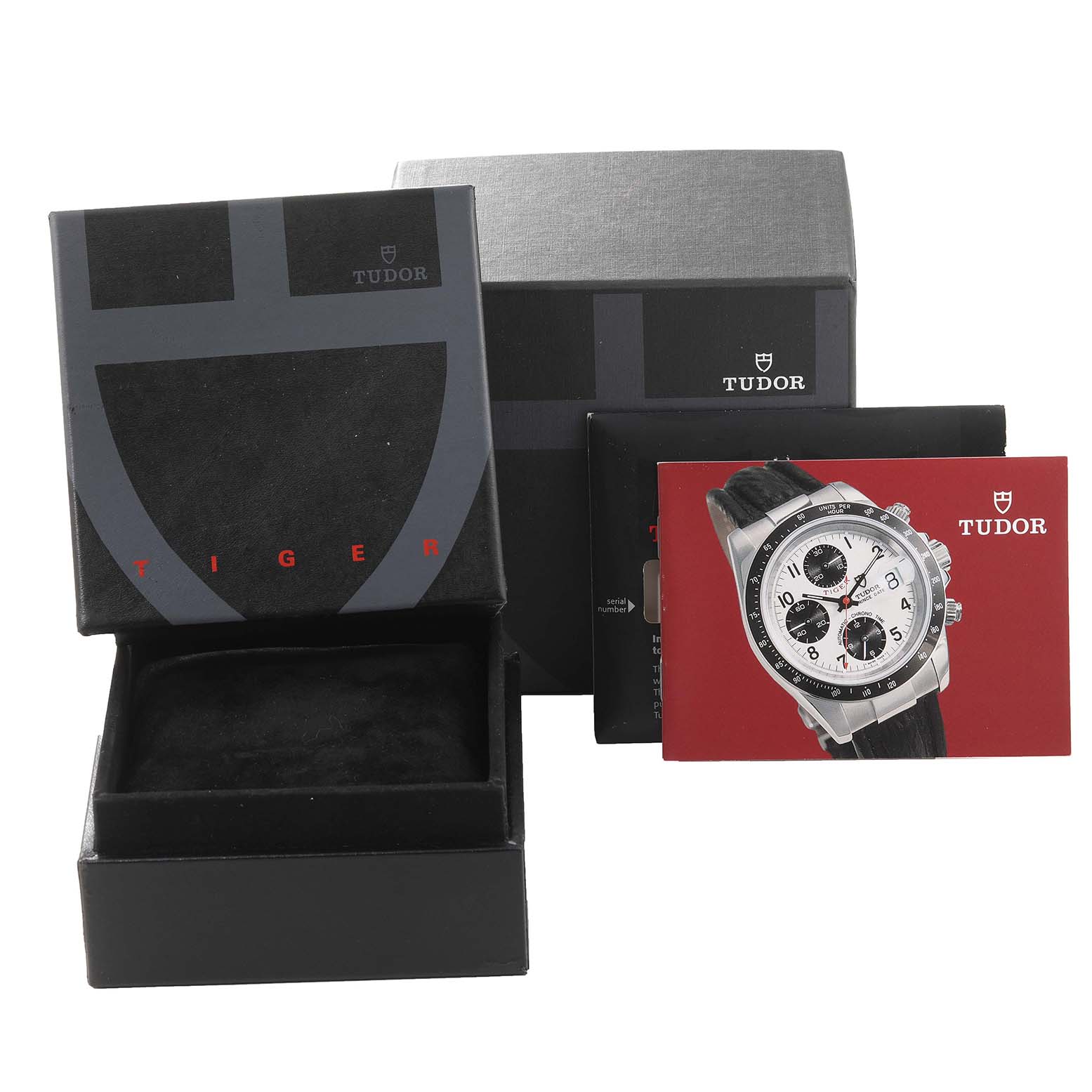 The image shows the packaging for the Tudor Prince model, including the box, user manual, and presentation card.