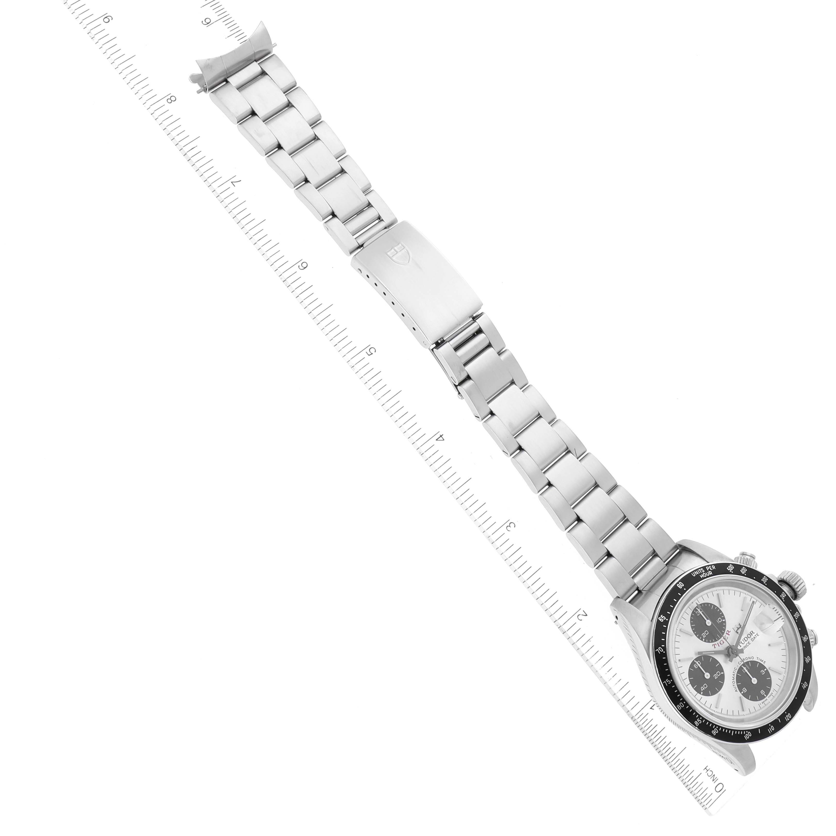 This image shows a Tudor Prince model watch from an overhead angle, displaying its dial, case, and bracelet with a ruler for scale.