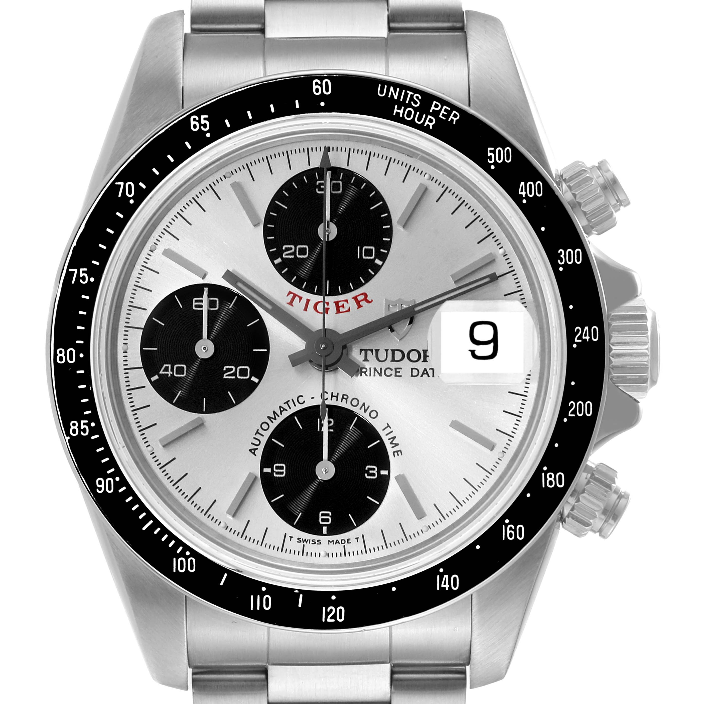 This image shows the front view of a Tudor Tiger 79260 Men's Stainless Steel Silver Dial 79260 Men's Stainless Steel Silver Dial model watch, highlighting the dial, bezel, and pushers.