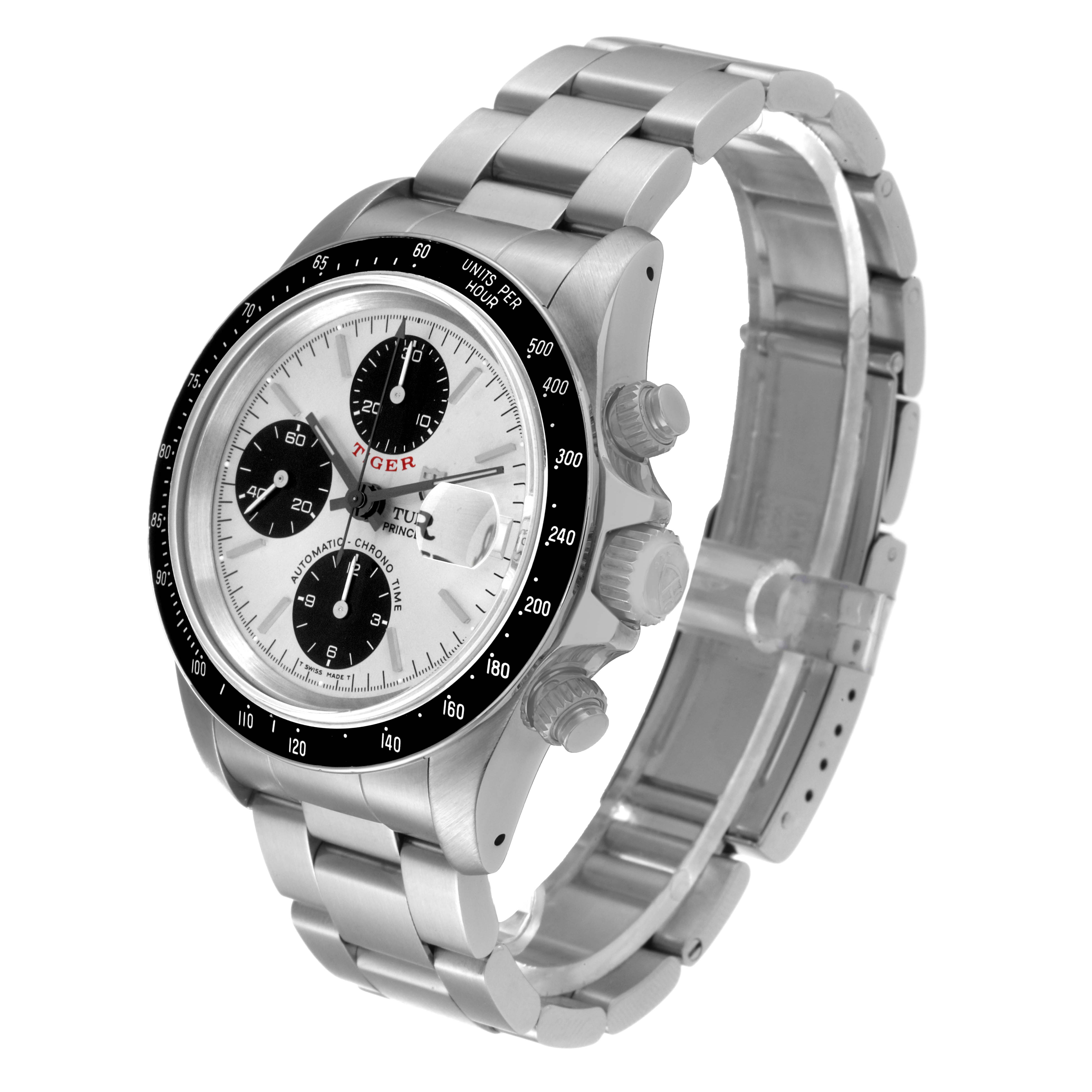 The image shows a Tudor Prince watch at a three-quarter angle, highlighting the case, dial, bezel, and bracelet.