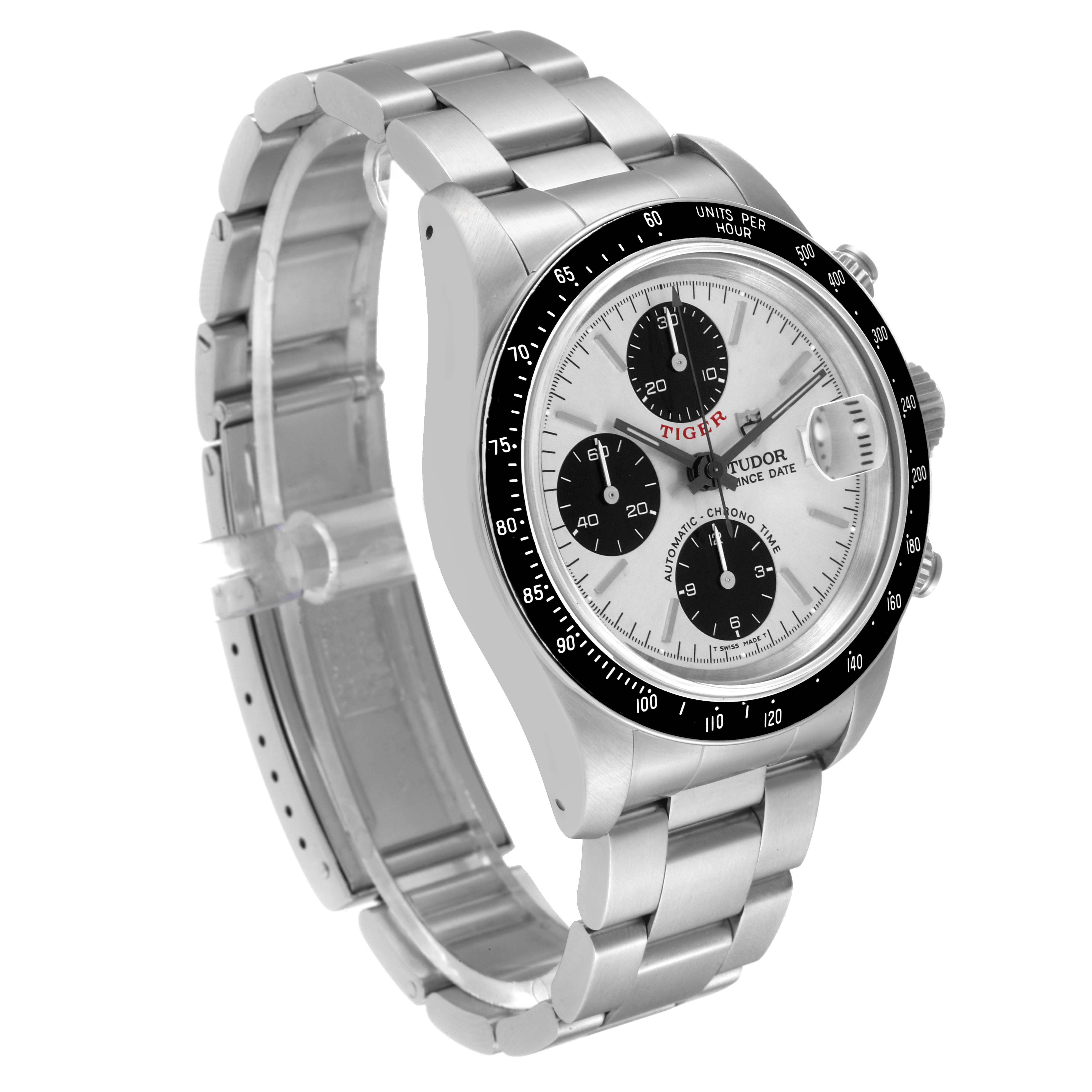 The image shows a Tudor Prince model watch with a stainless steel bracelet and a chronograph feature, viewed from an angle.