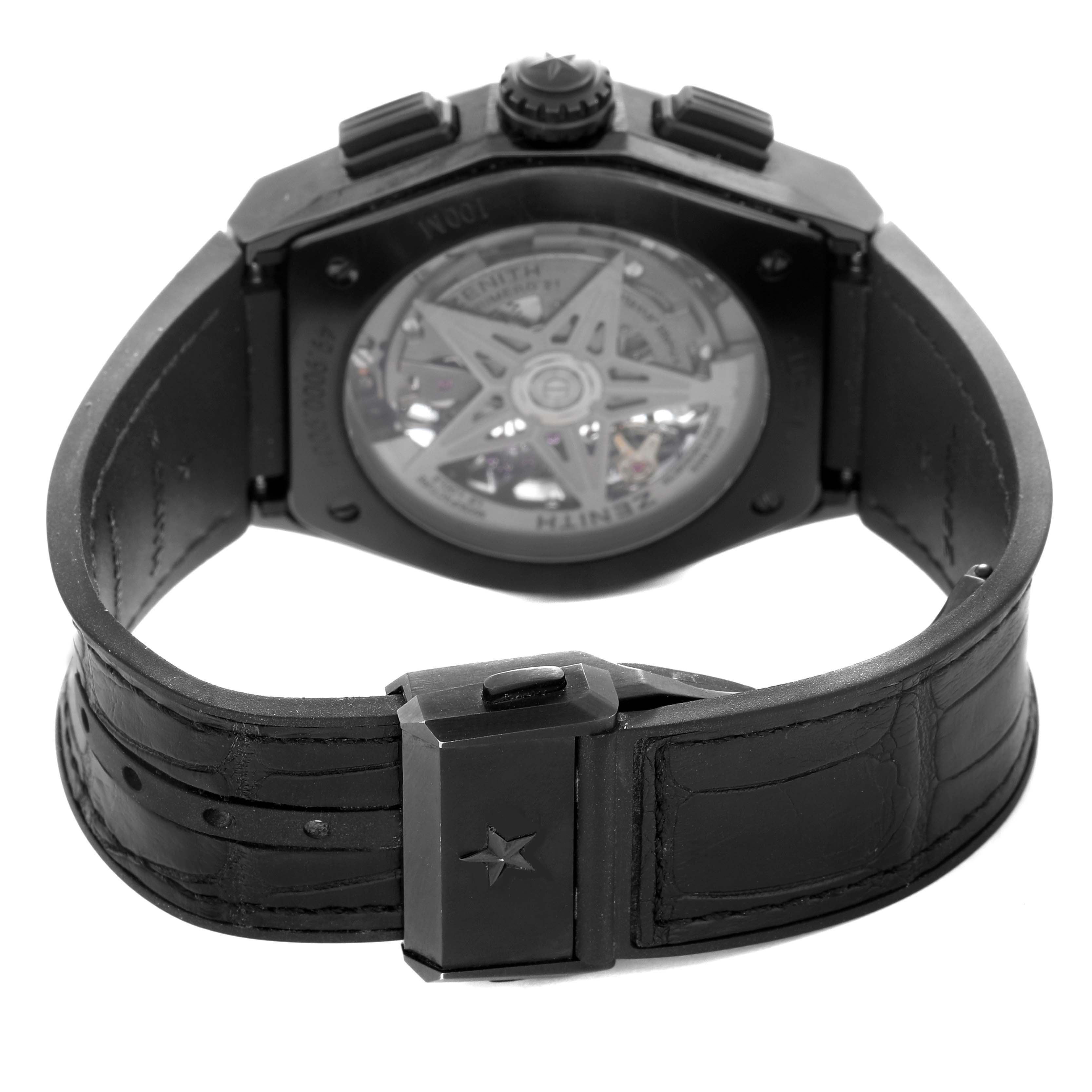 The image shows the back view of a Zenith Defy 49.9000.9004/78.R782 Men
s Ceramic Transparent Dial 49.9000.9004/78.R782 Men
s Ceramic Transparent Dial watch, highlighting the open caseback and black leather strap.