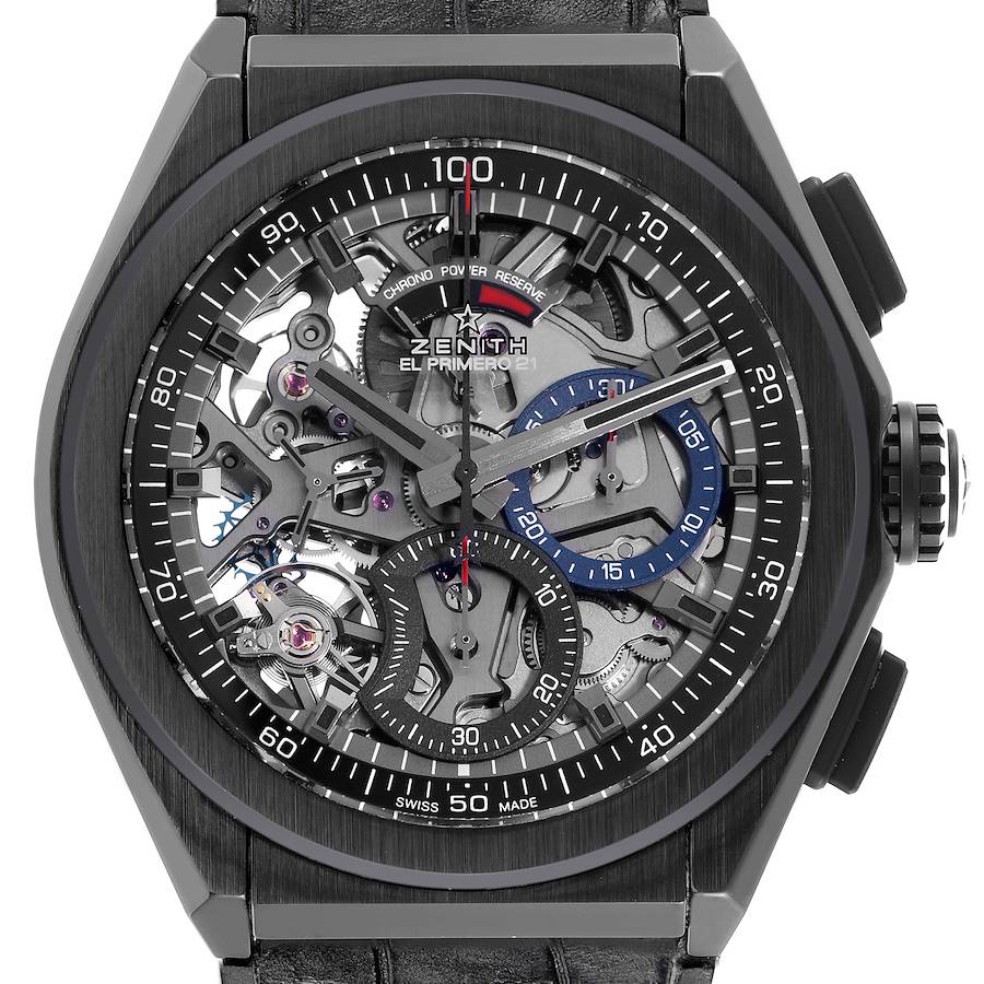 This image shows the Zenith Defy watch from the front, highlighting its skeleton dial and intricate mechanisms.
