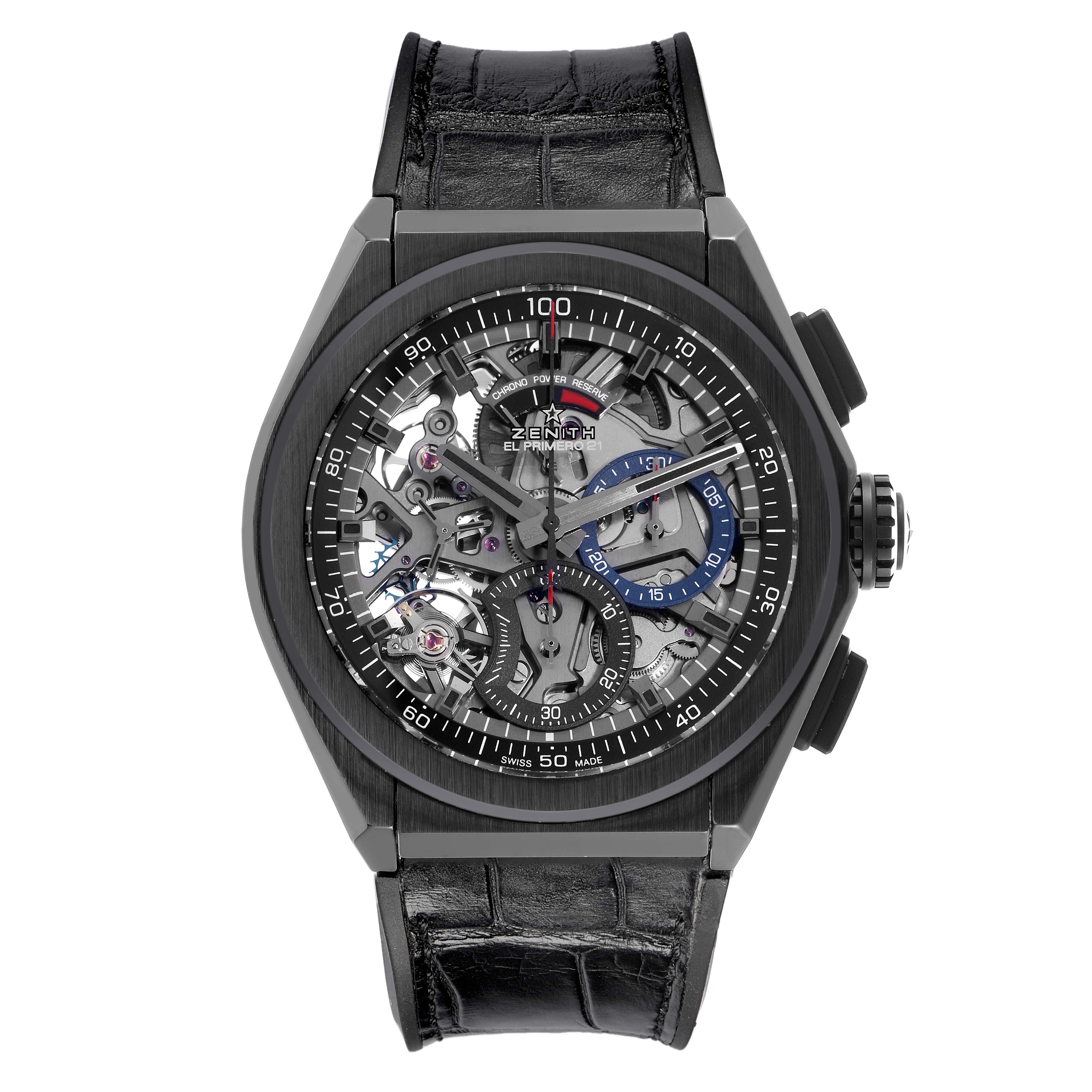 The Zenith Defy 49.9000.9004/78.R782 Men
s Ceramic Transparent Dial 49.9000.9004/78.R782 Men
s Ceramic Transparent Dial watch is shown from the front, highlighting its skeleton dial and black alligator strap.