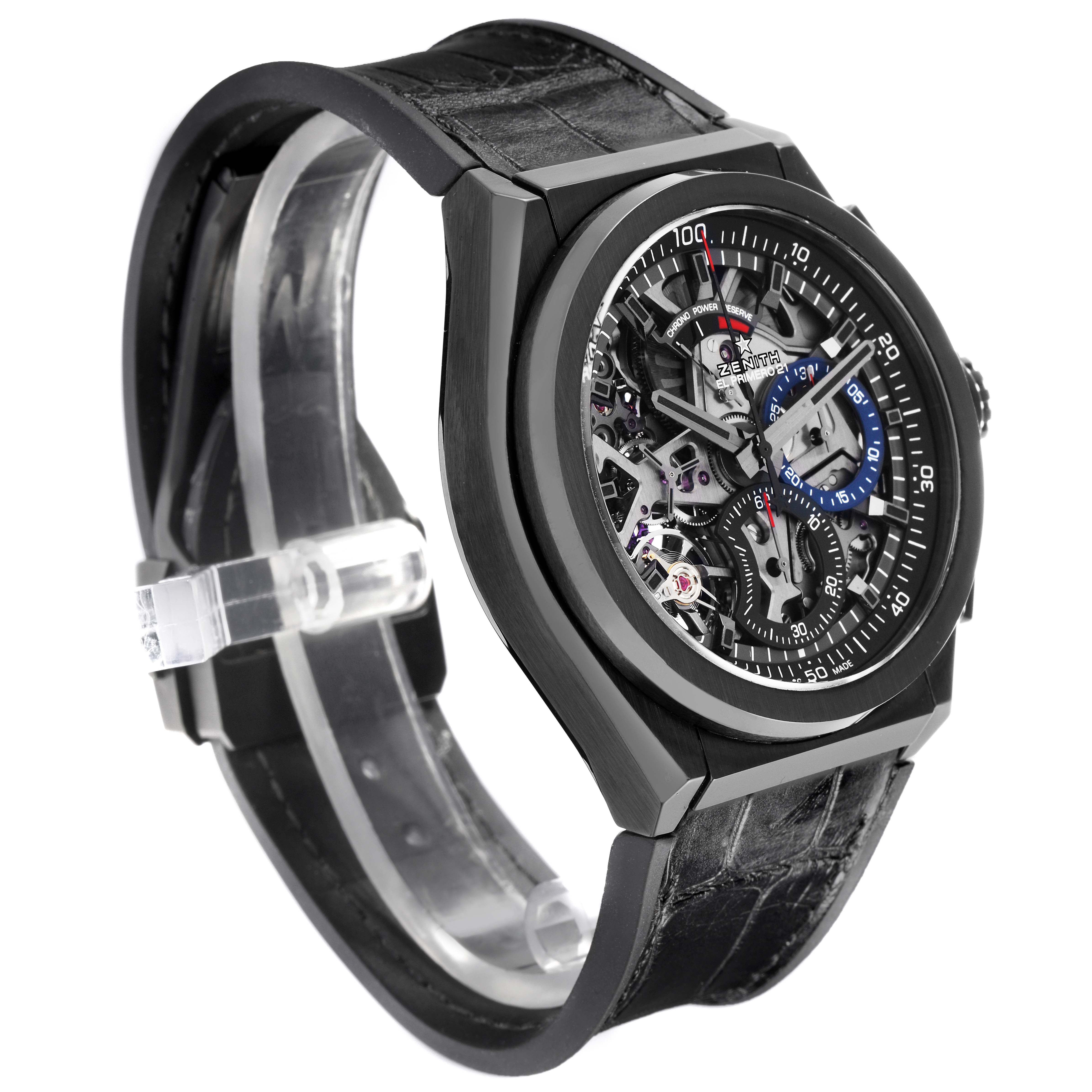 The Zenith Defy 49.9000.9004/78.R782 Men
s Ceramic Transparent Dial 49.9000.9004/78.R782 Men
s Ceramic Transparent Dial watch is shown at a three-quarter angle, displaying its skeleton dial and black strap.