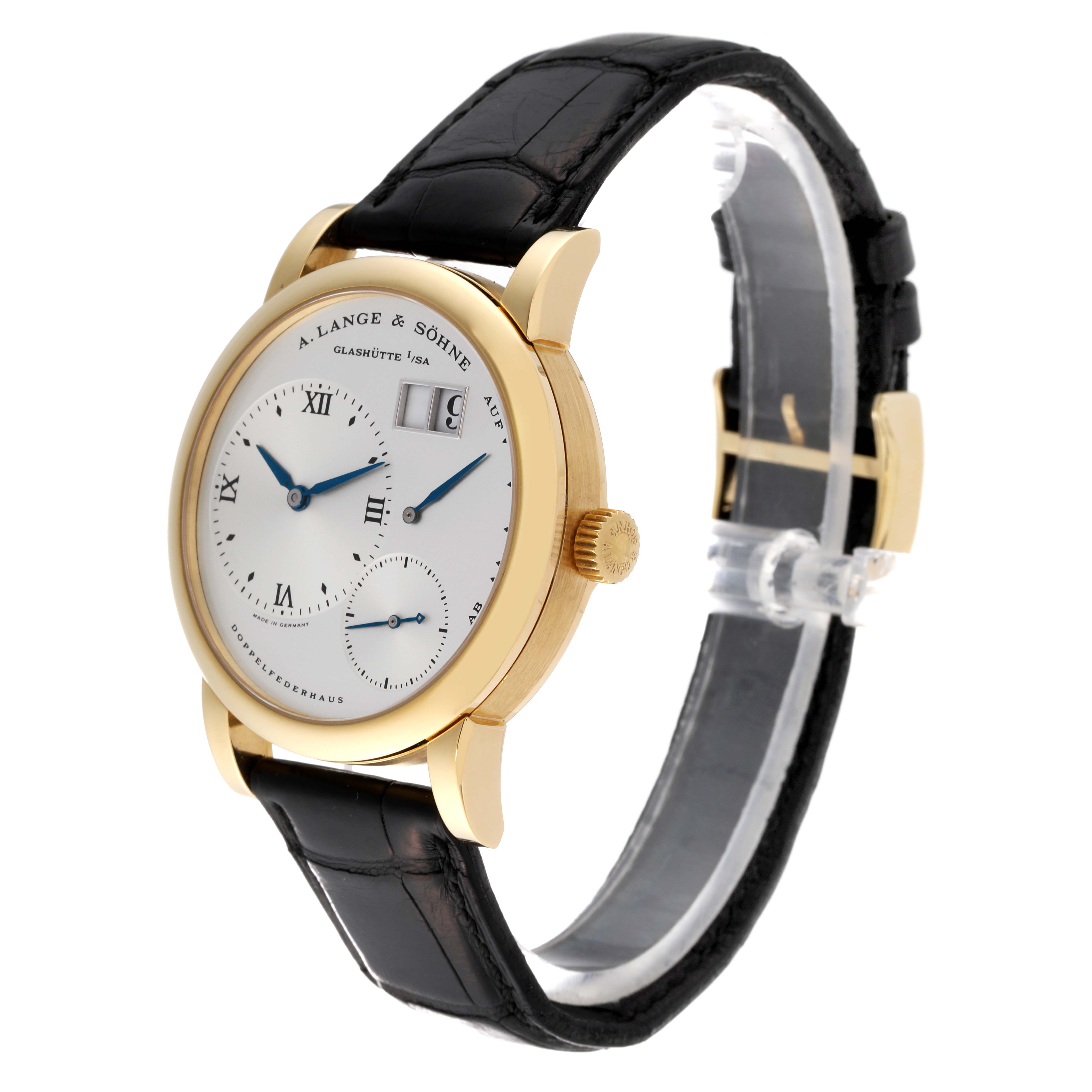 The image shows an A. Lange & Sohne Lange 1 101.022 Men's Yellow Gold Silver Dial watch at a slight angle, highlighting the watch face, gold case, and black leather strap.