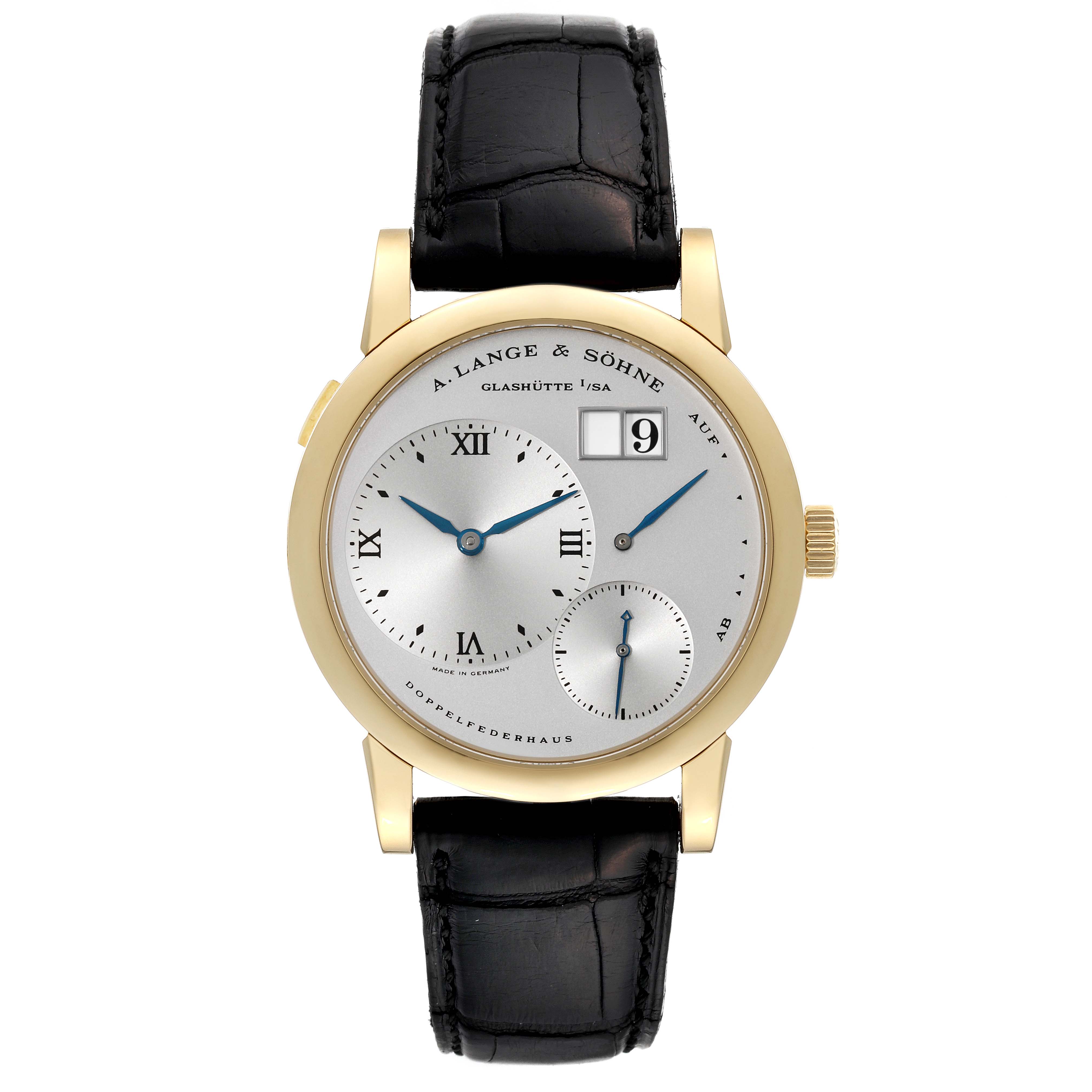 The image shows a front view of the Lange 1 model by A. Lange & Söhne, displaying the dial, hands, date window, and leather strap.