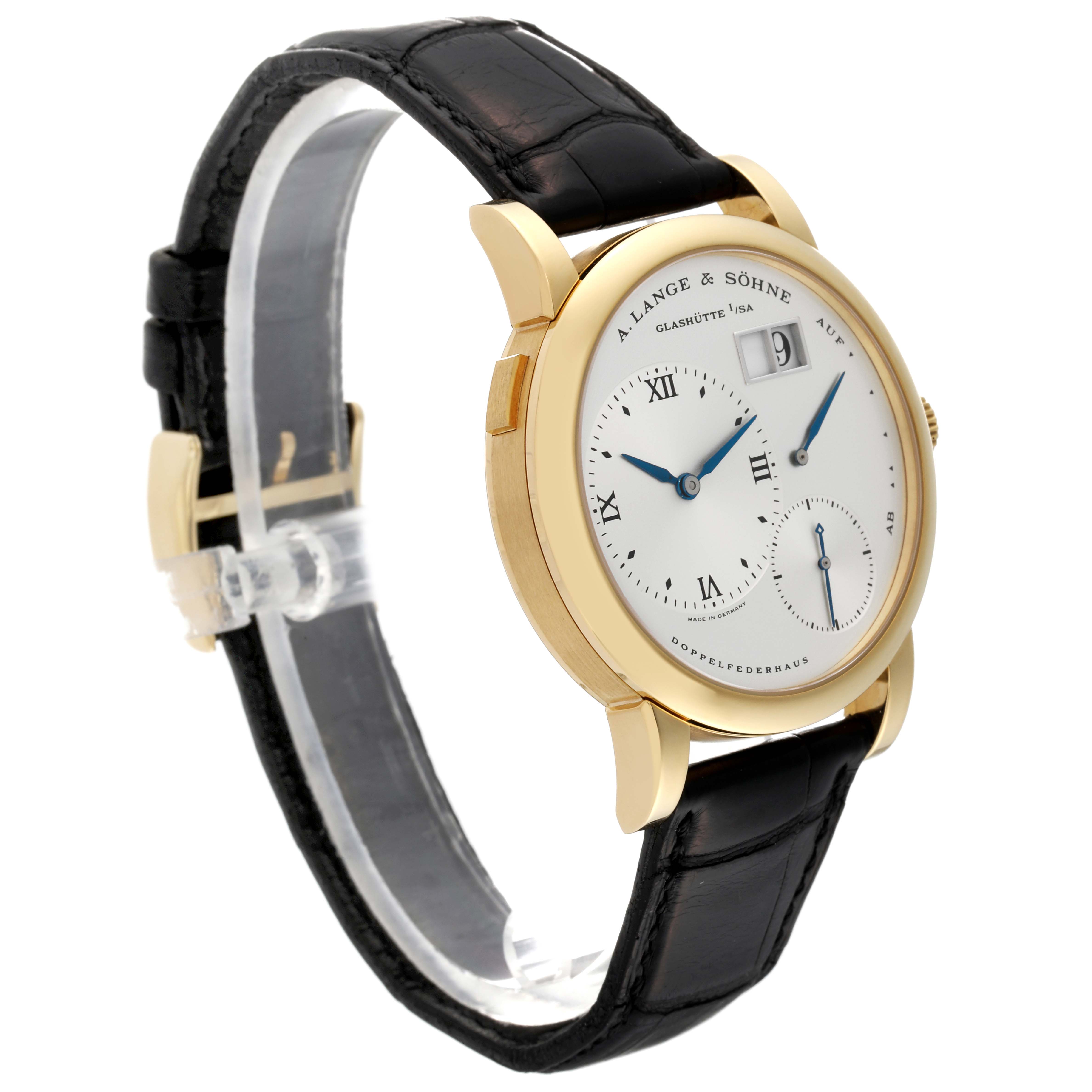 This image shows a side and front view of the A. Lange & Sohne Lange 1 101.022 Men's Yellow Gold Silver Dial watch, highlighting its black leather strap and white dial.