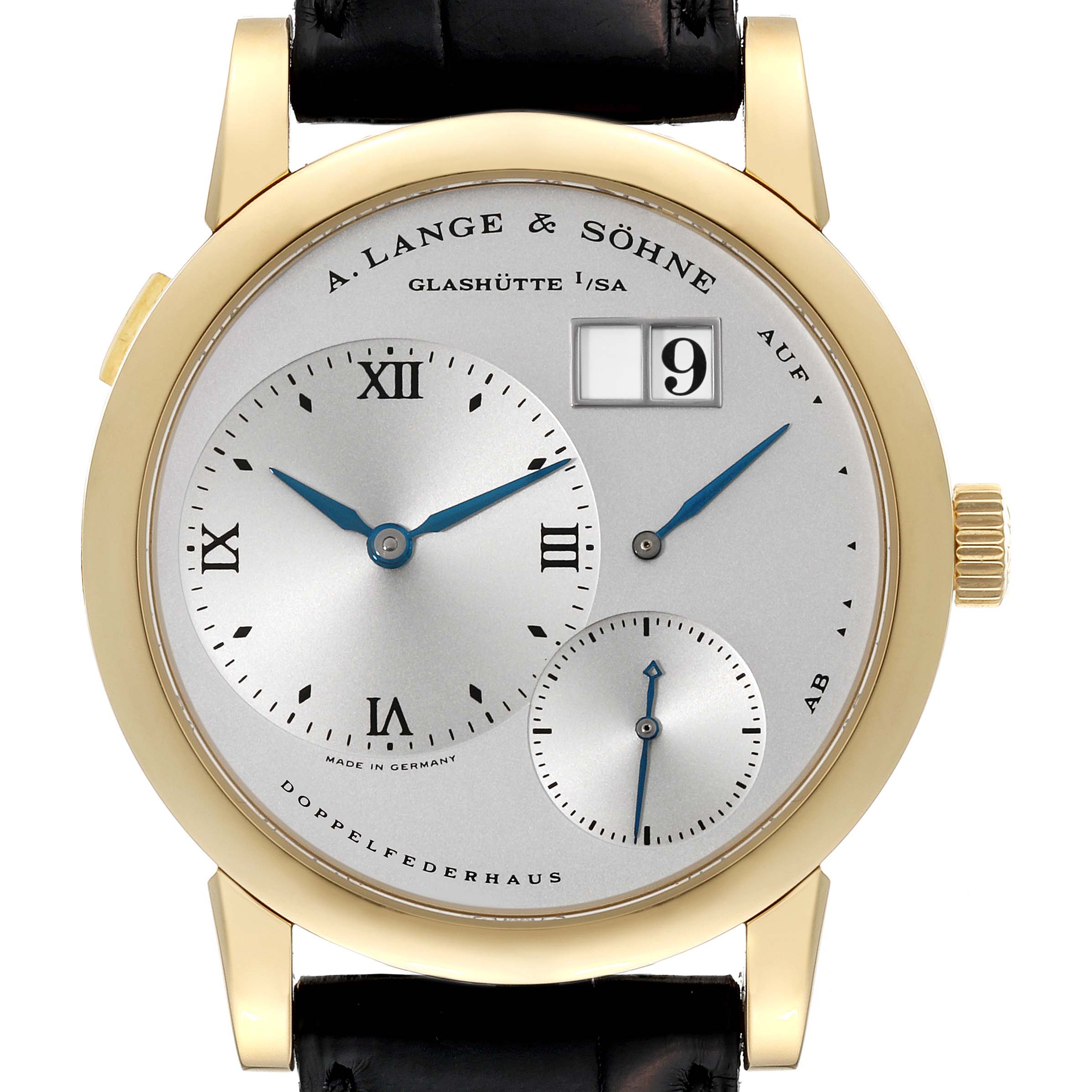 The A. Lange & Sohne Lange 1 101.022 Men's Yellow Gold Silver Dial watch is shown in a front-facing angle, highlighting its dial, sub-dials, and date display.
