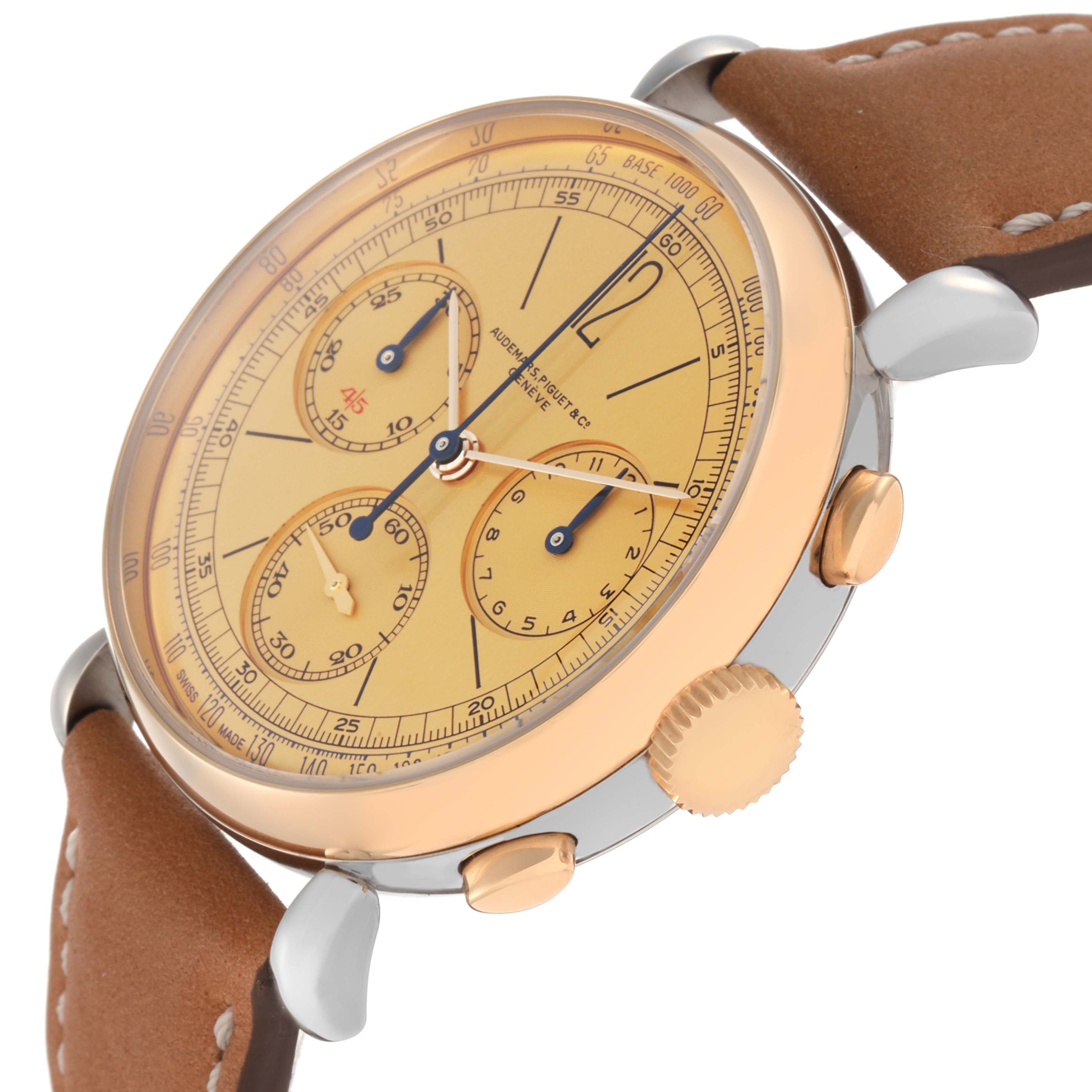 The Audemars Piguet Remaster  26595SR.OO.A032VE.01 Men
s Steel and Gold (two tone) Champagne Dial 26595SR.OO.A032VE.01 Men
s Steel and Gold (two tone) Champagne Dialwatch is shown at a side angle, featuring the face, crown, pushers, and leather strap.