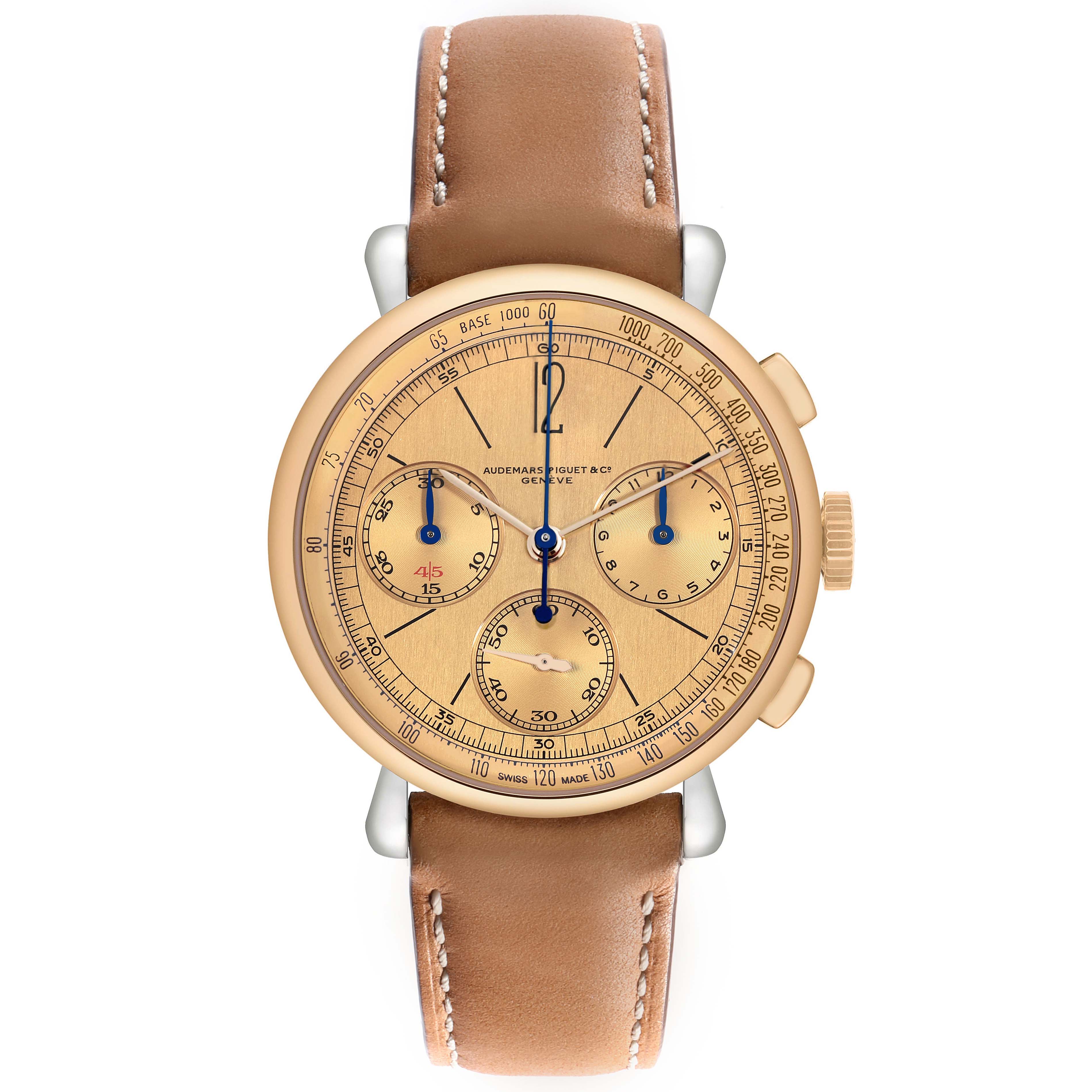 The Audemars Piguet Remaster  26595SR.OO.A032VE.01 Men
s Steel and Gold (two tone) Champagne Dial 26595SR.OO.A032VE.01 Men
s Steel and Gold (two tone) Champagne Dialwatch is shown front-facing, highlighting its dial, sub-dials, and leather strap.