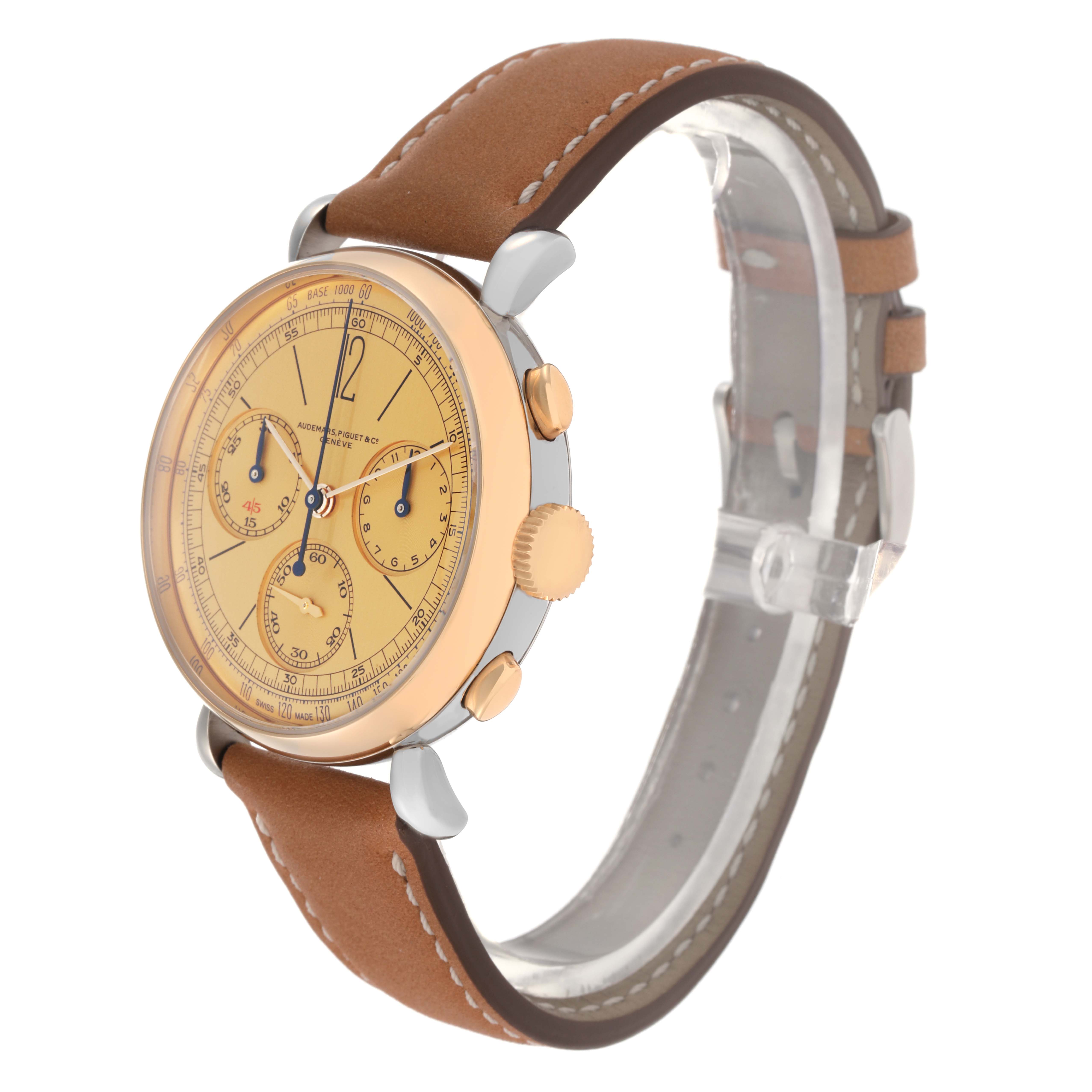 The Audemars Piguet Remaster  26595SR.OO.A032VE.01 Men
s Steel and Gold (two tone) Champagne Dial 26595SR.OO.A032VE.01 Men
s Steel and Gold (two tone) Champagne Dialmodel is shown at a side angle, displaying the face, crown, and lugs with a leather strap.