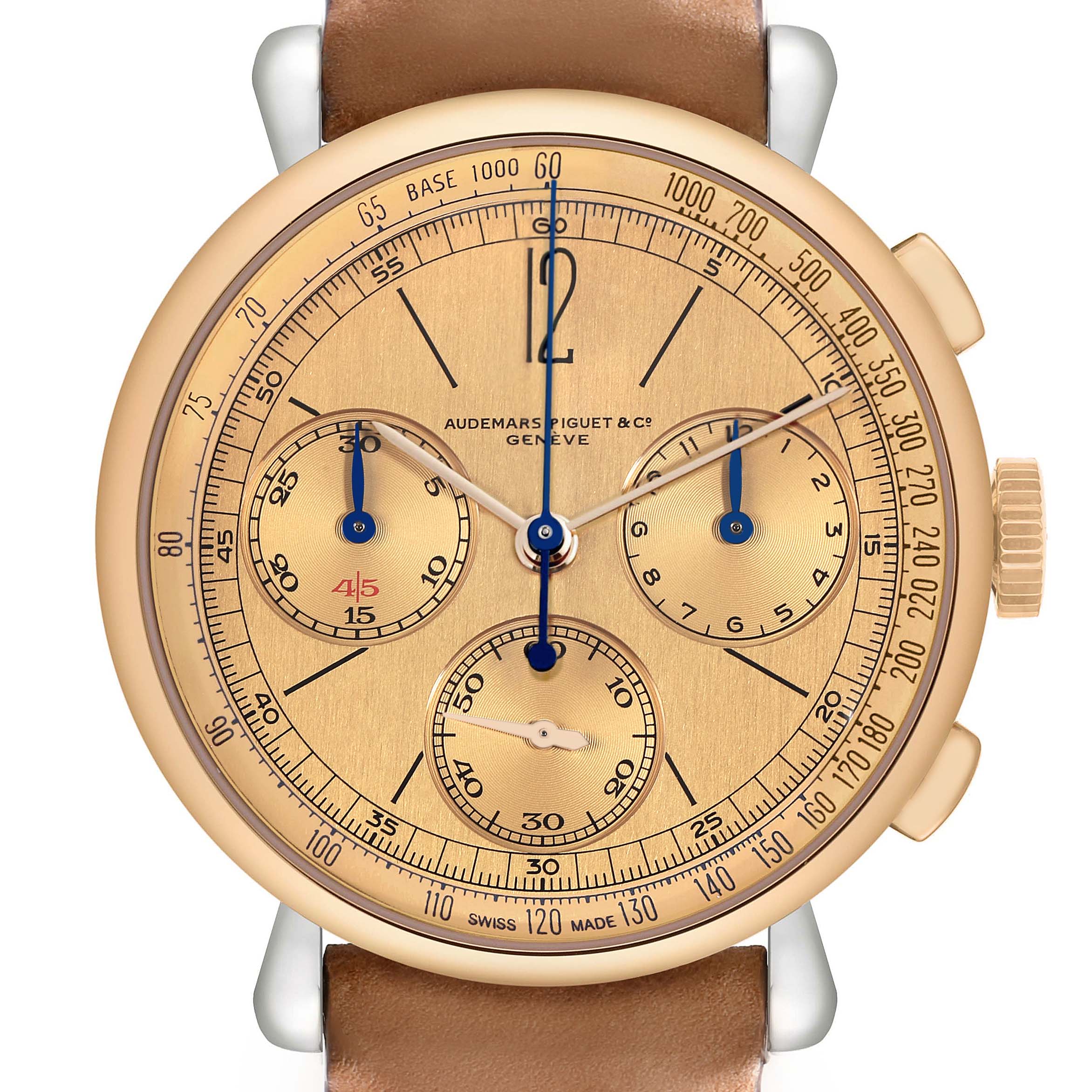 The Audemars Piguet Remaster  26595SR.OO.A032VE.01 Men
s Steel and Gold (two tone) Champagne Dial 26595SR.OO.A032VE.01 Men
s Steel and Gold (two tone) Champagne Dialmodel is shown in a close-up frontal view, highlighting the dial, subdials, and brown strap.