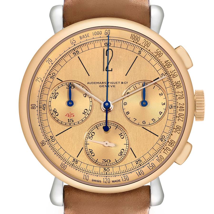 The Audemars Piguet Remaster model is shown in a close-up frontal view, highlighting the dial, subdials, and brown strap.