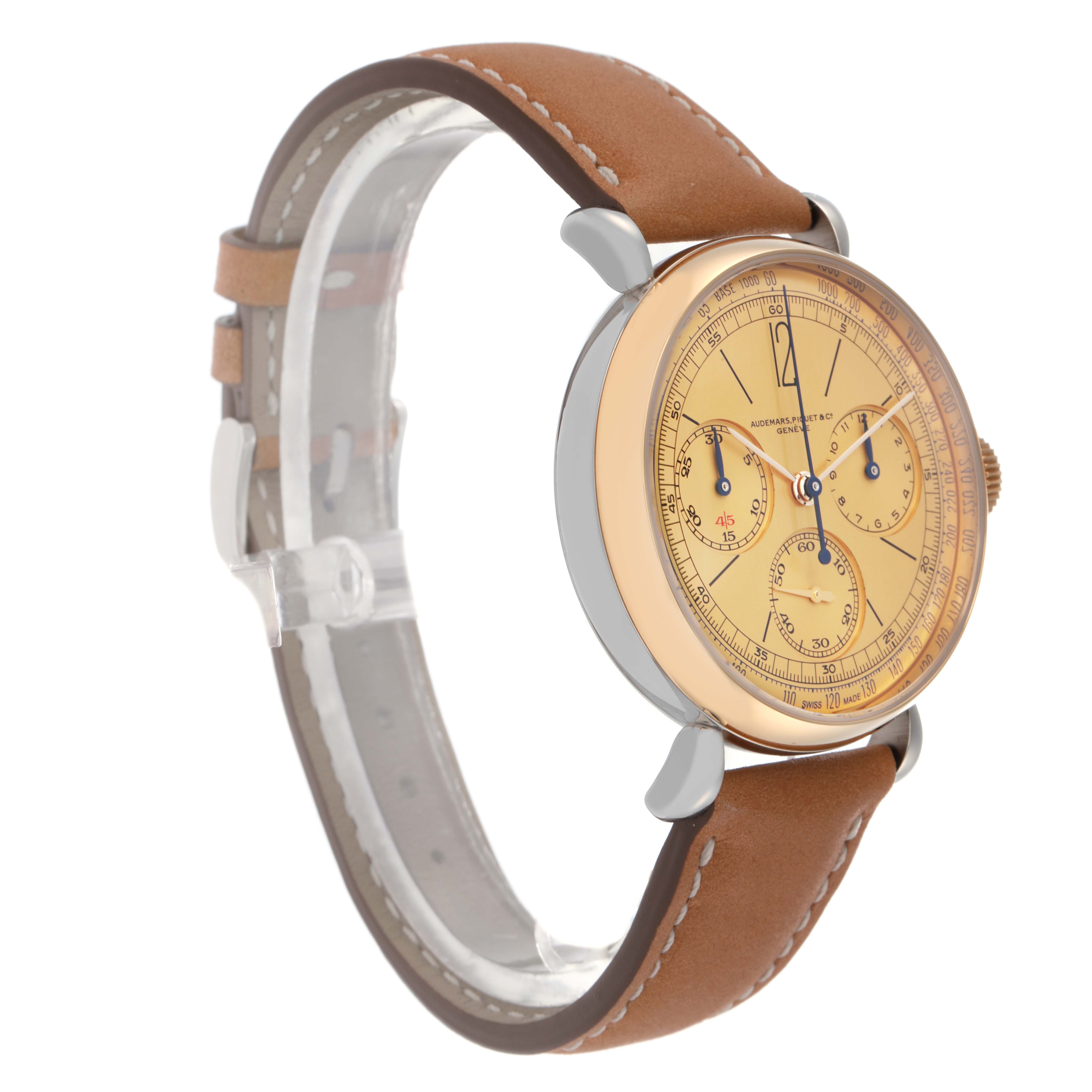 This image shows a side angle of an Audemars Piguet Remaster  26595SR.OO.A032VE.01 Men
s Steel and Gold (two tone) Champagne Dial 26595SR.OO.A032VE.01 Men
s Steel and Gold (two tone) Champagne Dialwatch, highlighting the dial, case, strap, and lugs.