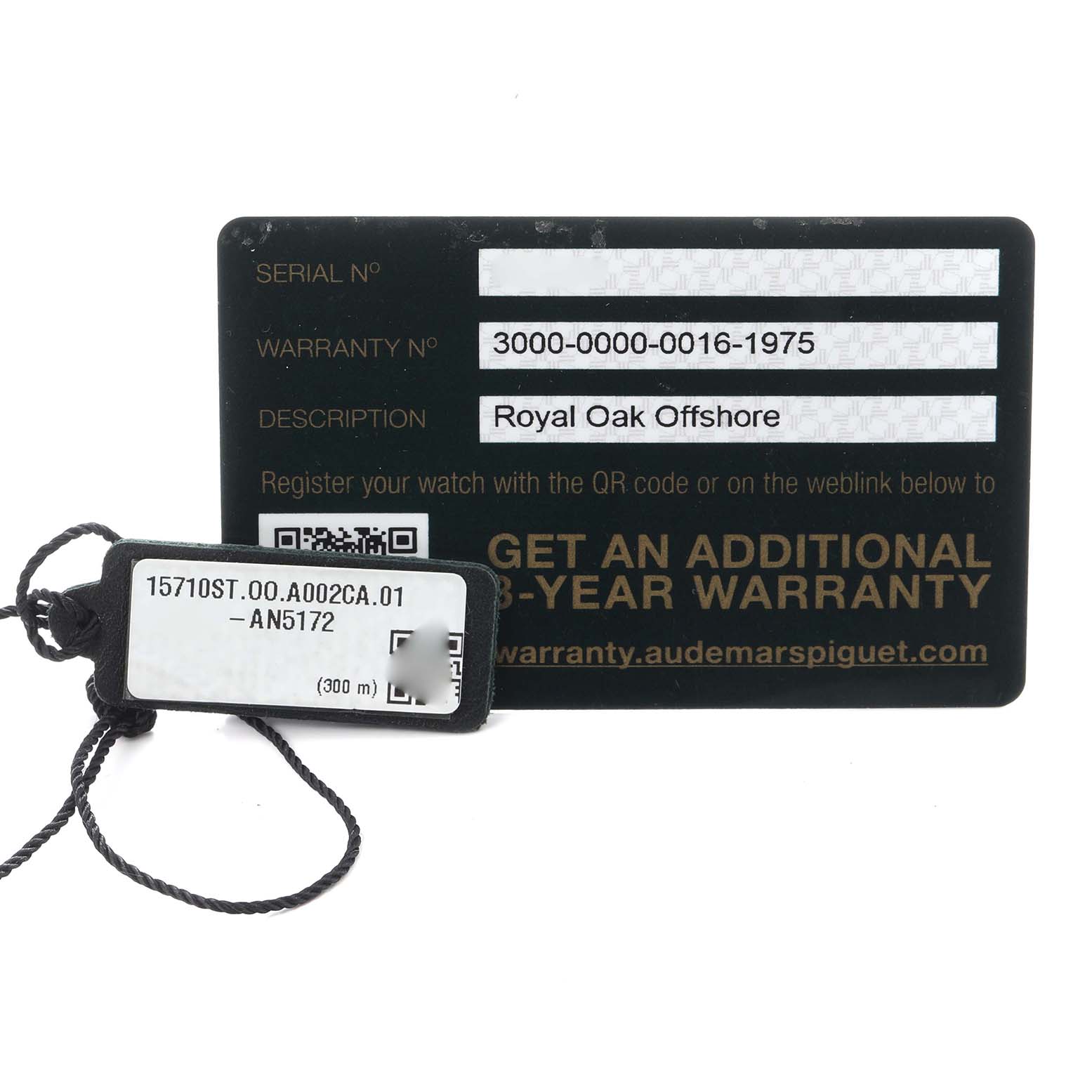 The image shows a Royal Oak Offshore warranty card and tag by Audemars Piguet, viewed from above.