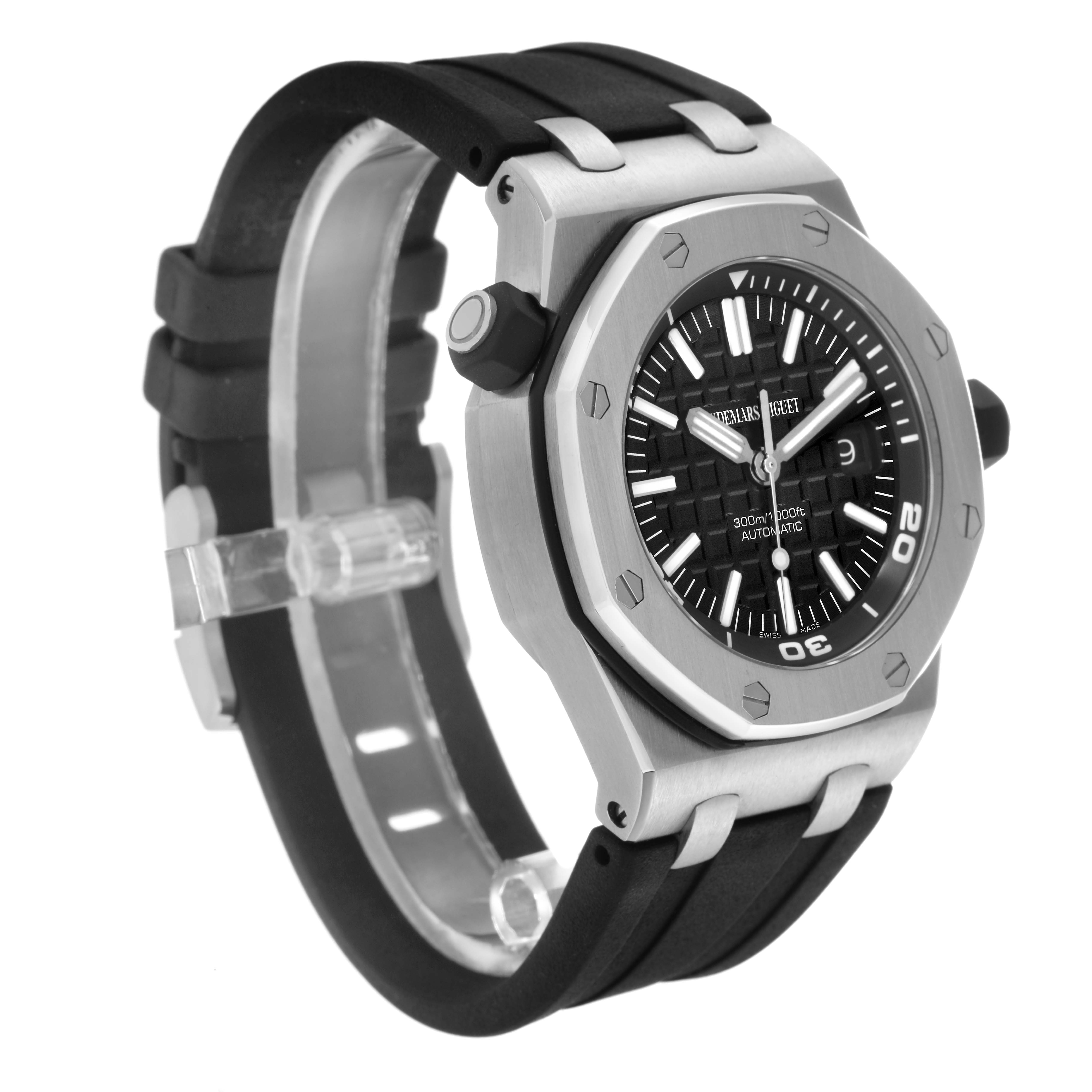 The Audemars Piguet Royal Oak 15703ST.OO.A002CA.01 Men
s Stainless Steel Black Dial 15703ST.OO.A002CA.01 Men
s Stainless Steel Black Dial watch is shown at a three-quarter angle, highlighting the bezel, dial, and rubber strap.