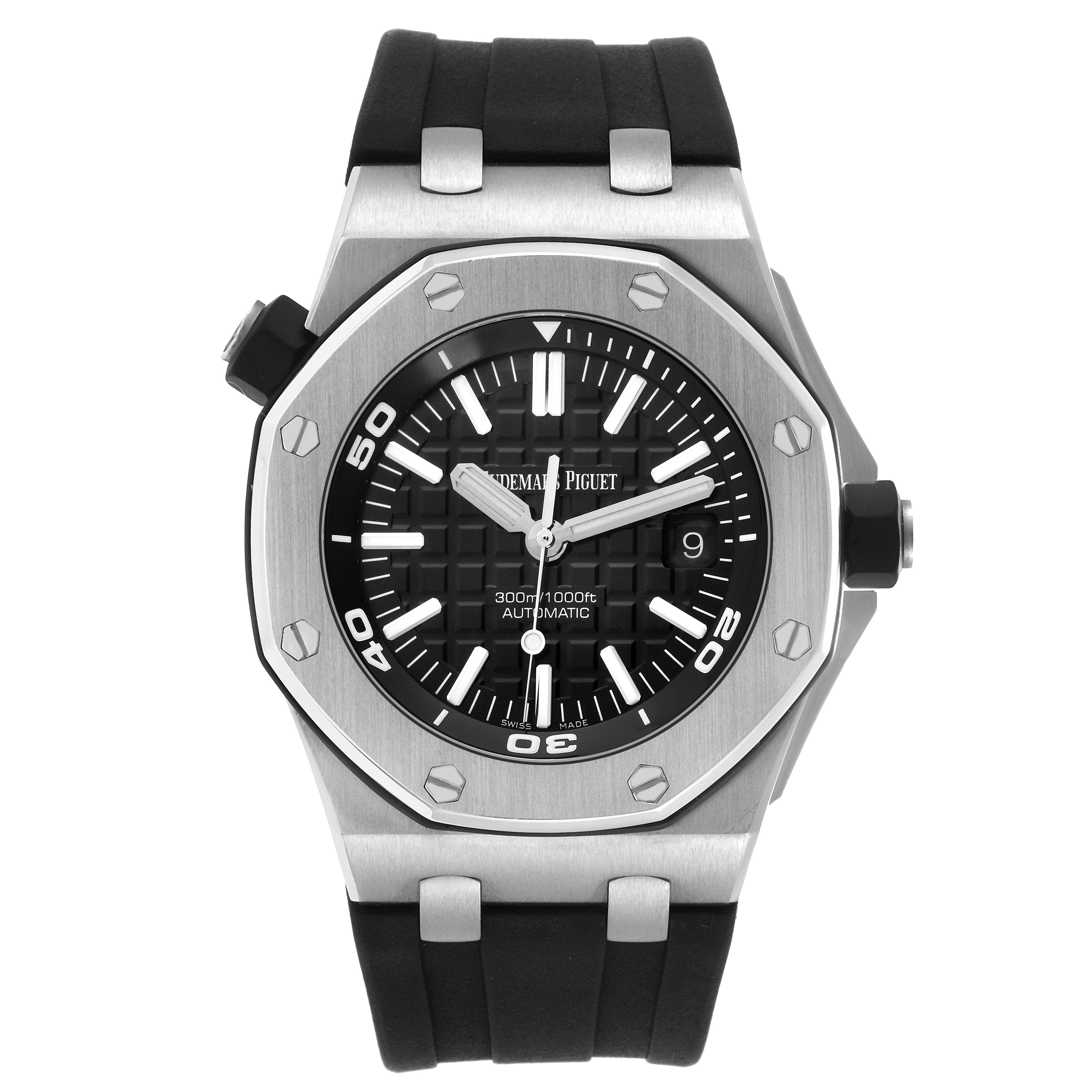 The image shows a front view of the Audemars Piguet Royal Oak 15703ST.OO.A002CA.01 Men
s Stainless Steel Black Dial 15703ST.OO.A002CA.01 Men
s Stainless Steel Black Dial watch, highlighting the face, bezel, and strap.