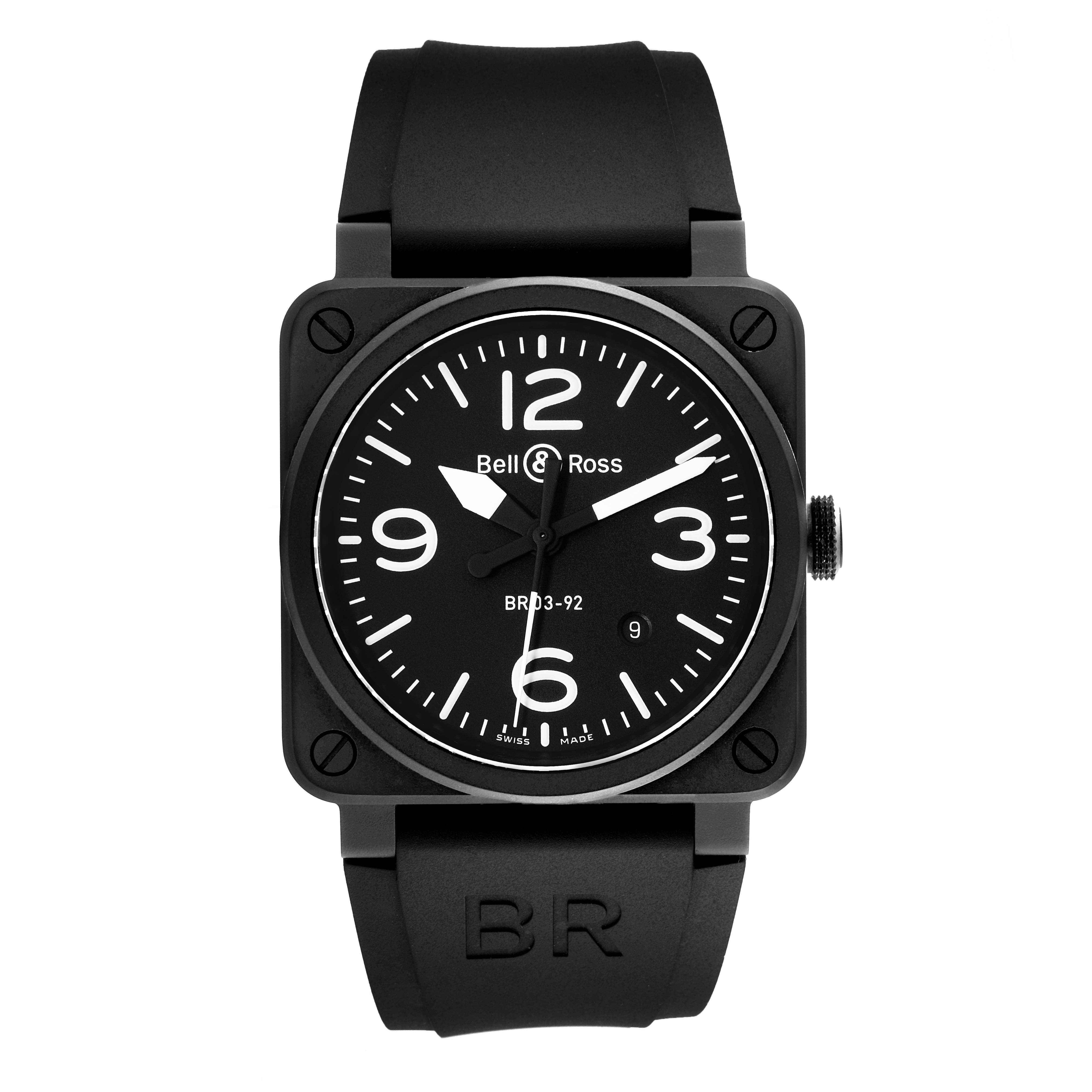 The image shows a front view of the Bell & Ross Instruments BR0392-BL-CE Men's Ceramic Black Dial BR0392-BL-CE Men's Ceramic Black Dial model watch, highlighting its black dial, numerals, and rubber strap.