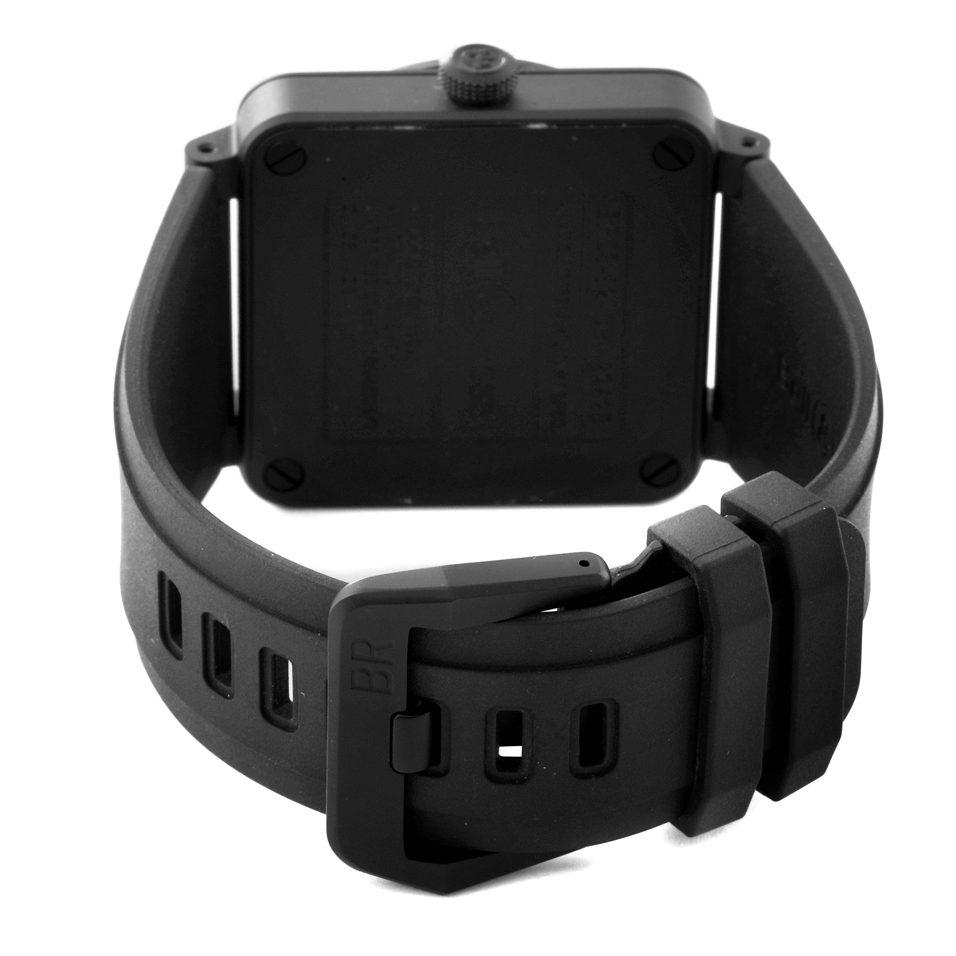 The image shows the back view of an Instruments model watch by Bell & Ross, highlighting the strap and clasp.