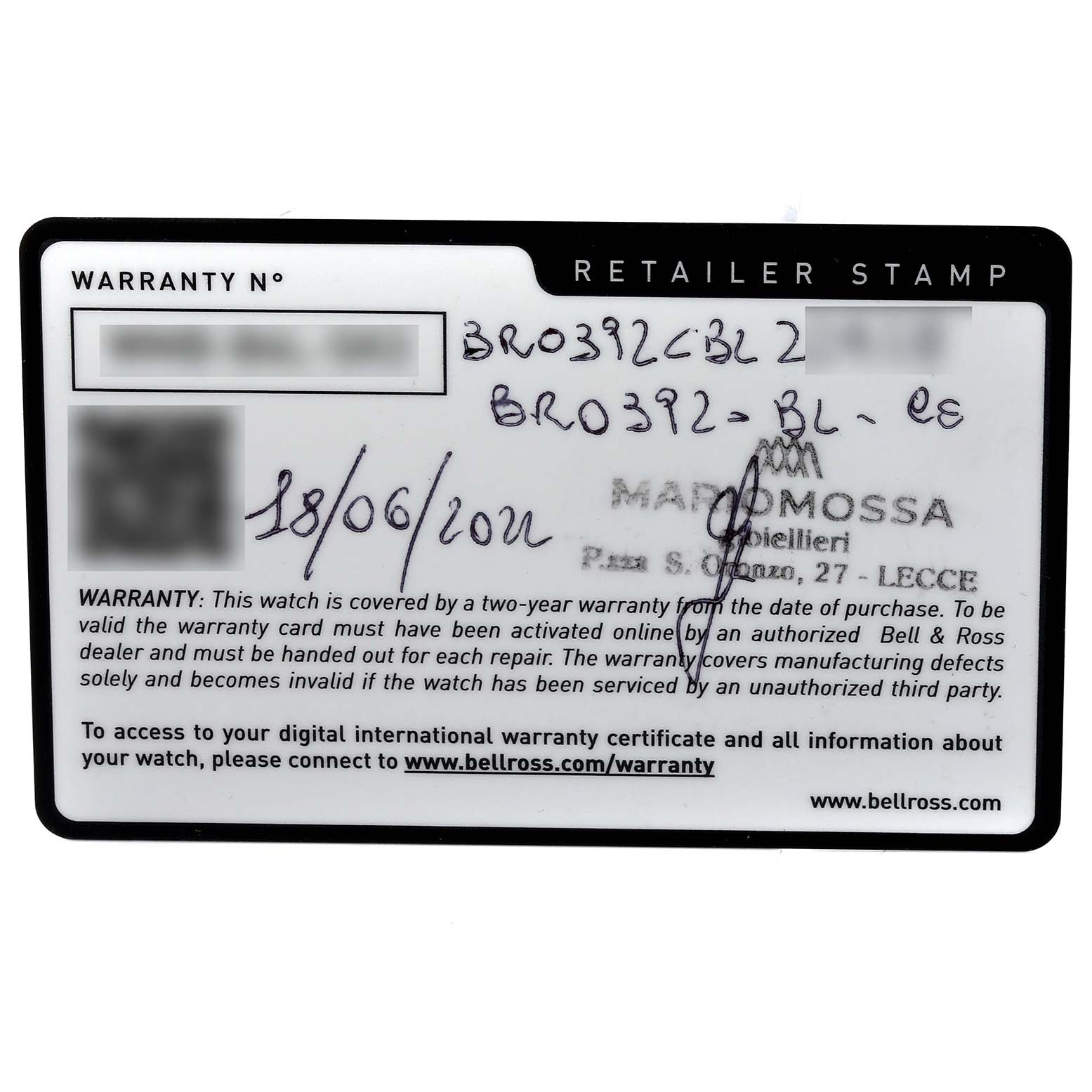 This is a warranty card for a Bell & Ross Instruments BR0392-BL-CE Men's Ceramic Black Dial BR0392-BL-CE Men's Ceramic Black Dial model watch.