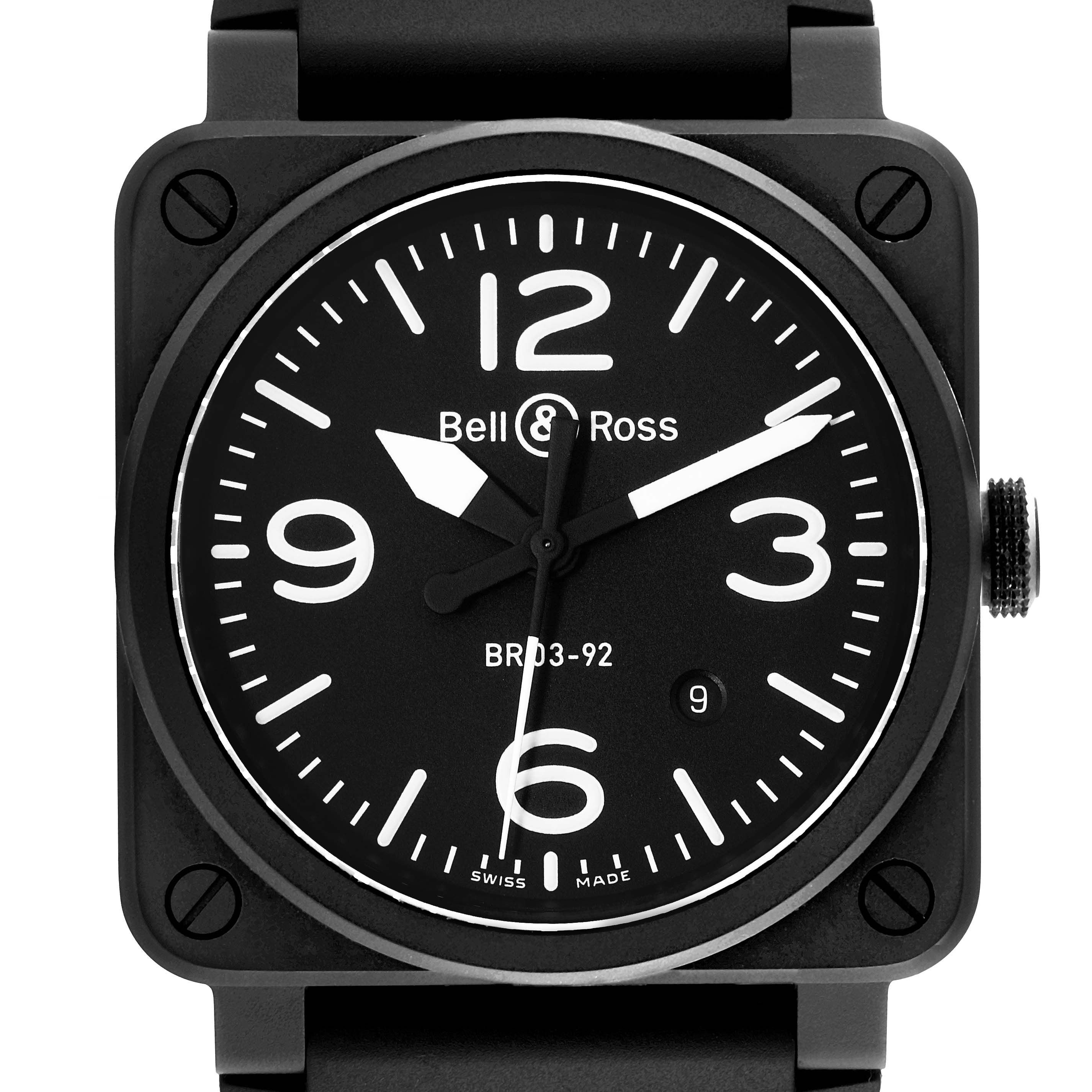 The image shows a front view of the Bell & Ross Instruments BR0392-BL-CE Men's Ceramic Black Dial BR0392-BL-CE Men's Ceramic Black Dial model watch, featuring its square case, dial, and crown.