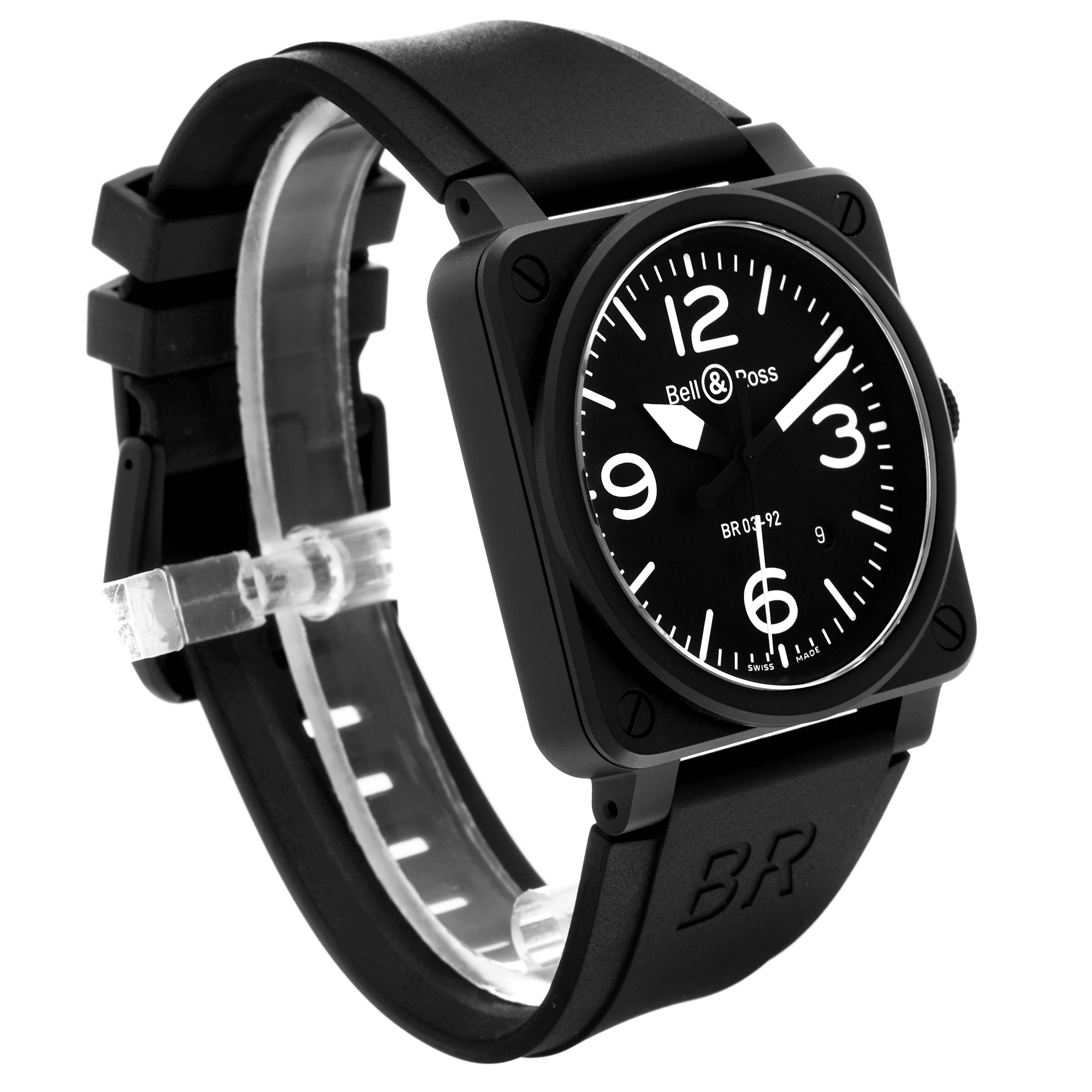 The image shows a front angle view of a Bell & Ross Instruments BR0392-BL-CE Men's Ceramic Black Dial BR0392-BL-CE Men's Ceramic Black Dial watch, highlighting its square case and black strap.