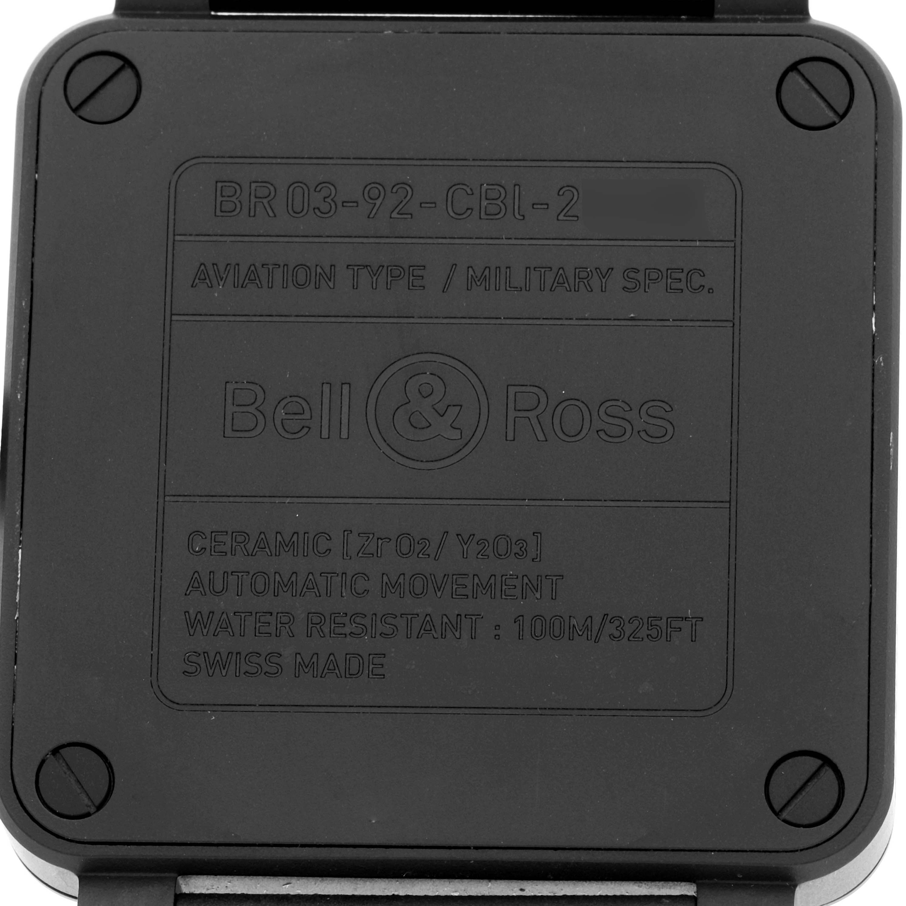 This image shows the case back of the Bell & Ross Instruments BR0392-BL-CE Men's Ceramic Black Dial BR0392-BL-CE Men's Ceramic Black Dial BR03-92-CBL-2 watch, highlighting specifications and brand marking.