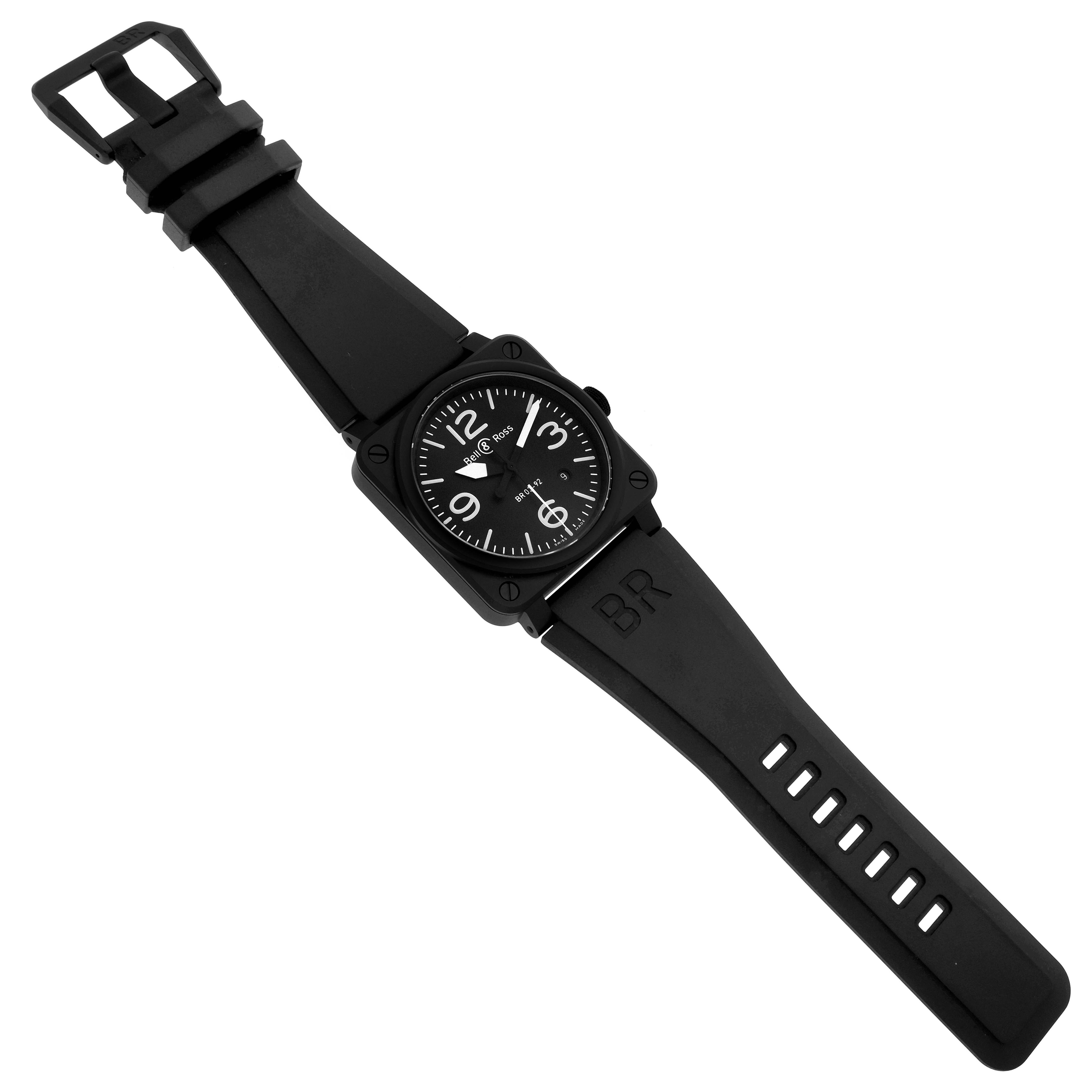 The Bell & Ross Instruments BR0392-BL-CE Men's Ceramic Black Dial BR0392-BL-CE Men's Ceramic Black Dial model watch is shown from a top-down angle, displaying its face, case, and black strap.