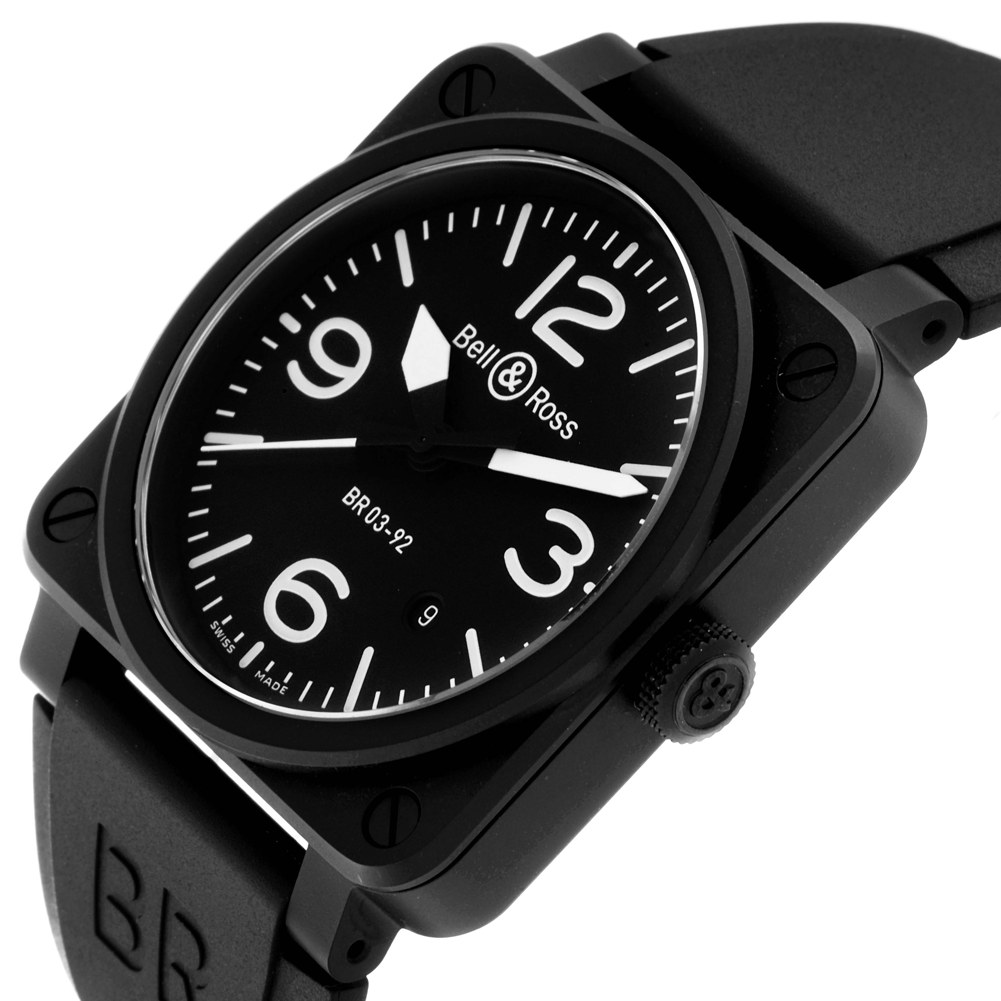 This Bell & Ross Instruments BR0392-BL-CE Men's Ceramic Black Dial BR0392-BL-CE Men's Ceramic Black Dial model watch is shown at a side angle, highlighting its square case, dial, and strap.