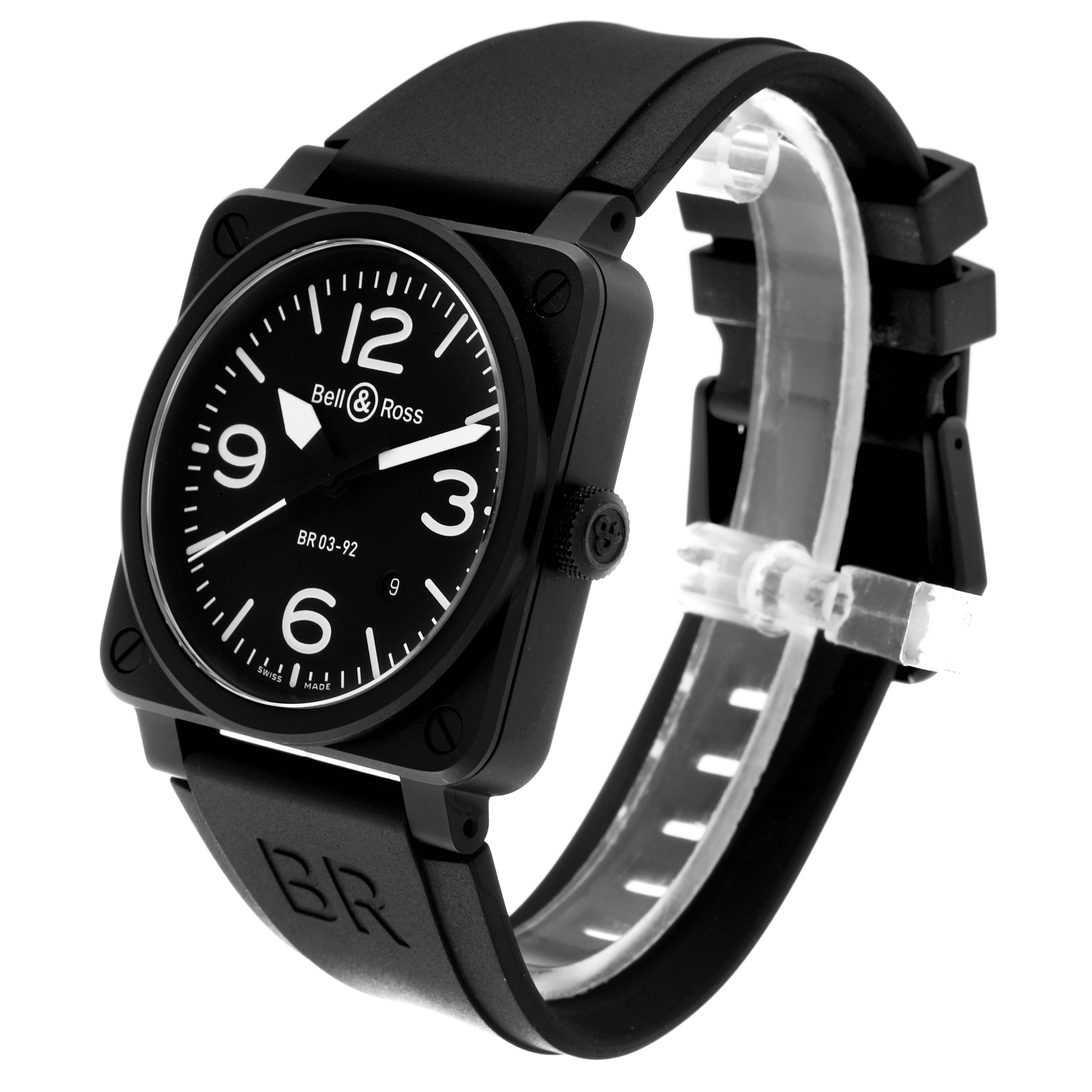 The Bell & Ross Instruments BR0392-BL-CE Men's Ceramic Black Dial BR0392-BL-CE Men's Ceramic Black Dial model watch is shown at an angled perspective, highlighting the face, strap, and crown.