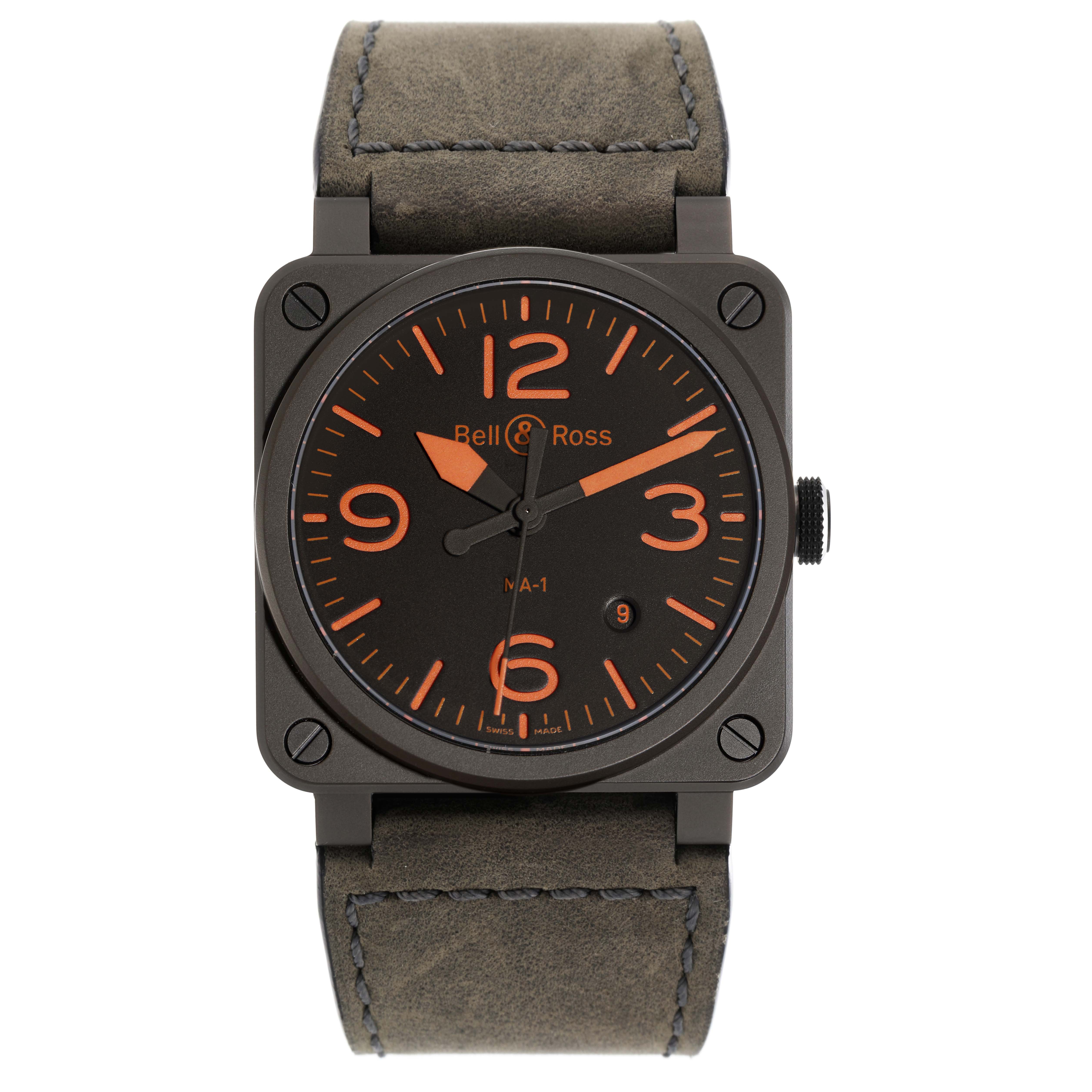 The Bell 
Ross Heritage BR03-92-CKA Men
s Ceramic Brown Dial BR03-92-CKA Men
s Ceramic Brown Dial model watch is shown from the front, highlighting its square case, dial, and leather strap.