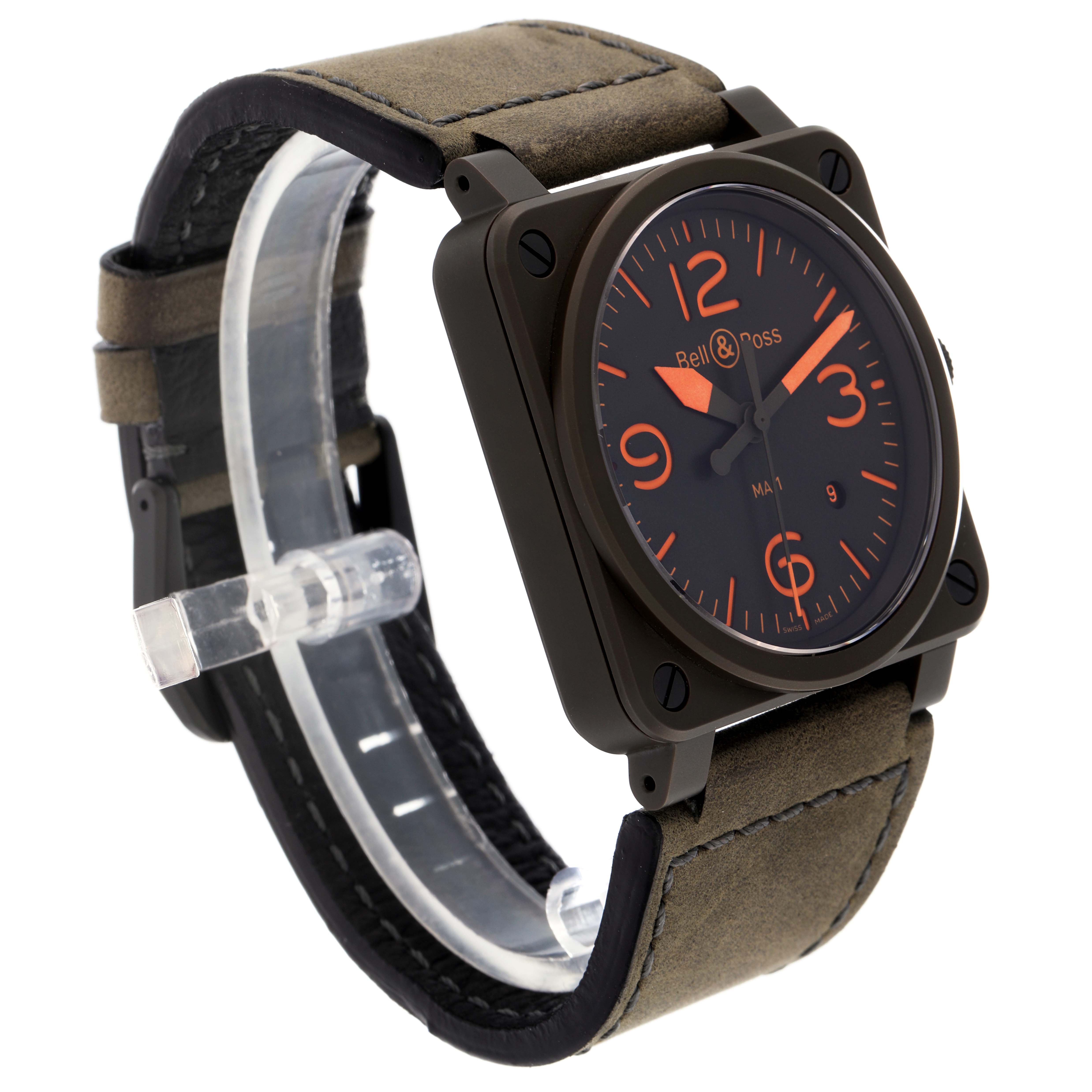 The Bell 
Ross Heritage BR03-92-CKA Men
s Ceramic Brown Dial BR03-92-CKA Men
s Ceramic Brown Dial watch is shown at a diagonal angle, highlighting the case, dial, and strap.