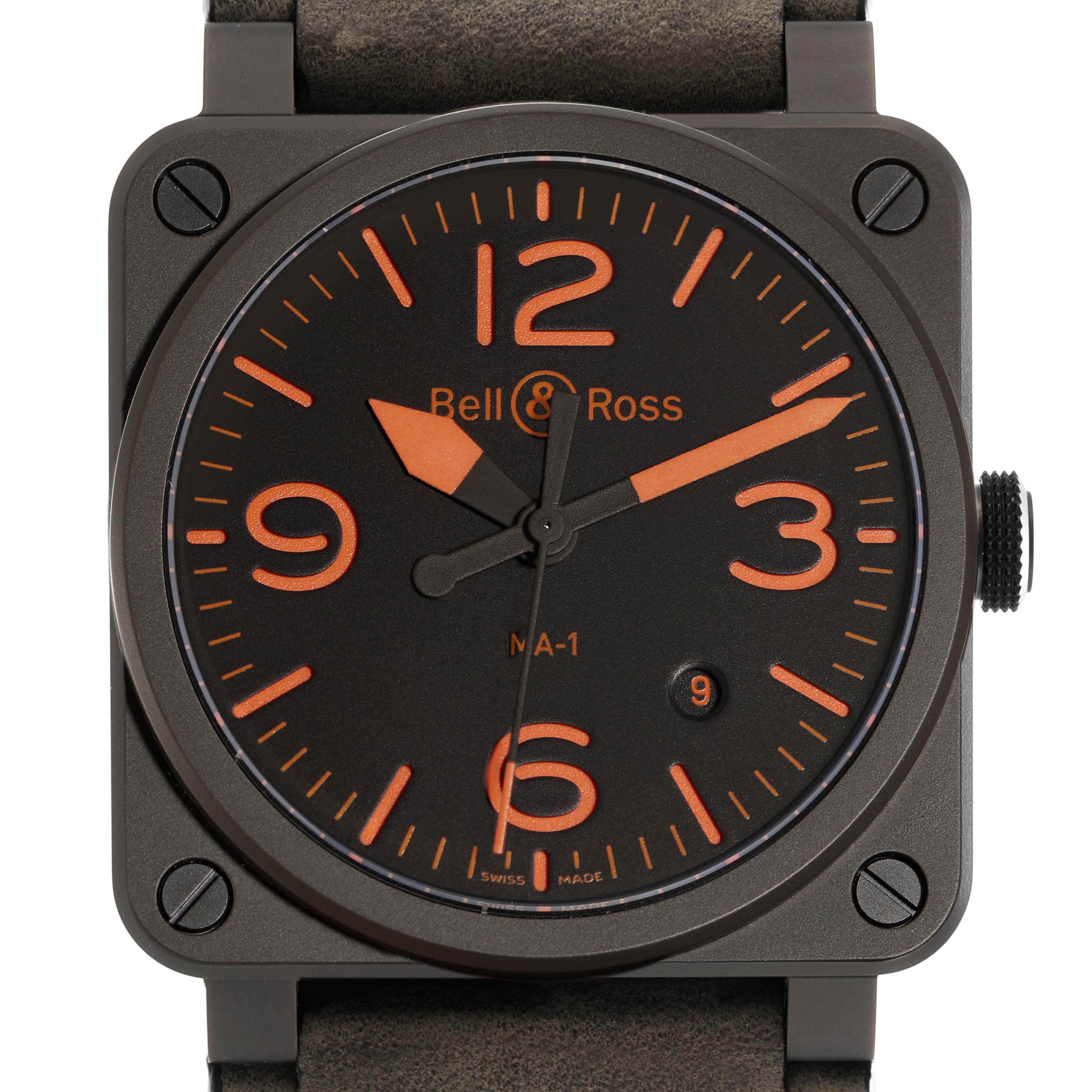 The Bell 
Ross Heritage BR03-92-CKA Men
s Ceramic Brown Dial BR03-92-CKA Men
s Ceramic Brown Dial model is shown from the front, displaying its dial, hands, and crown.