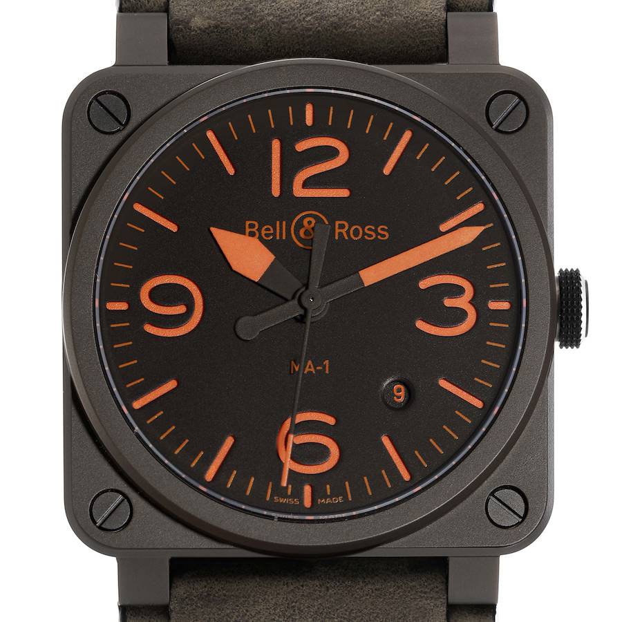 The Bell & Ross Heritage model is shown from the front, displaying its dial, hands, and crown.