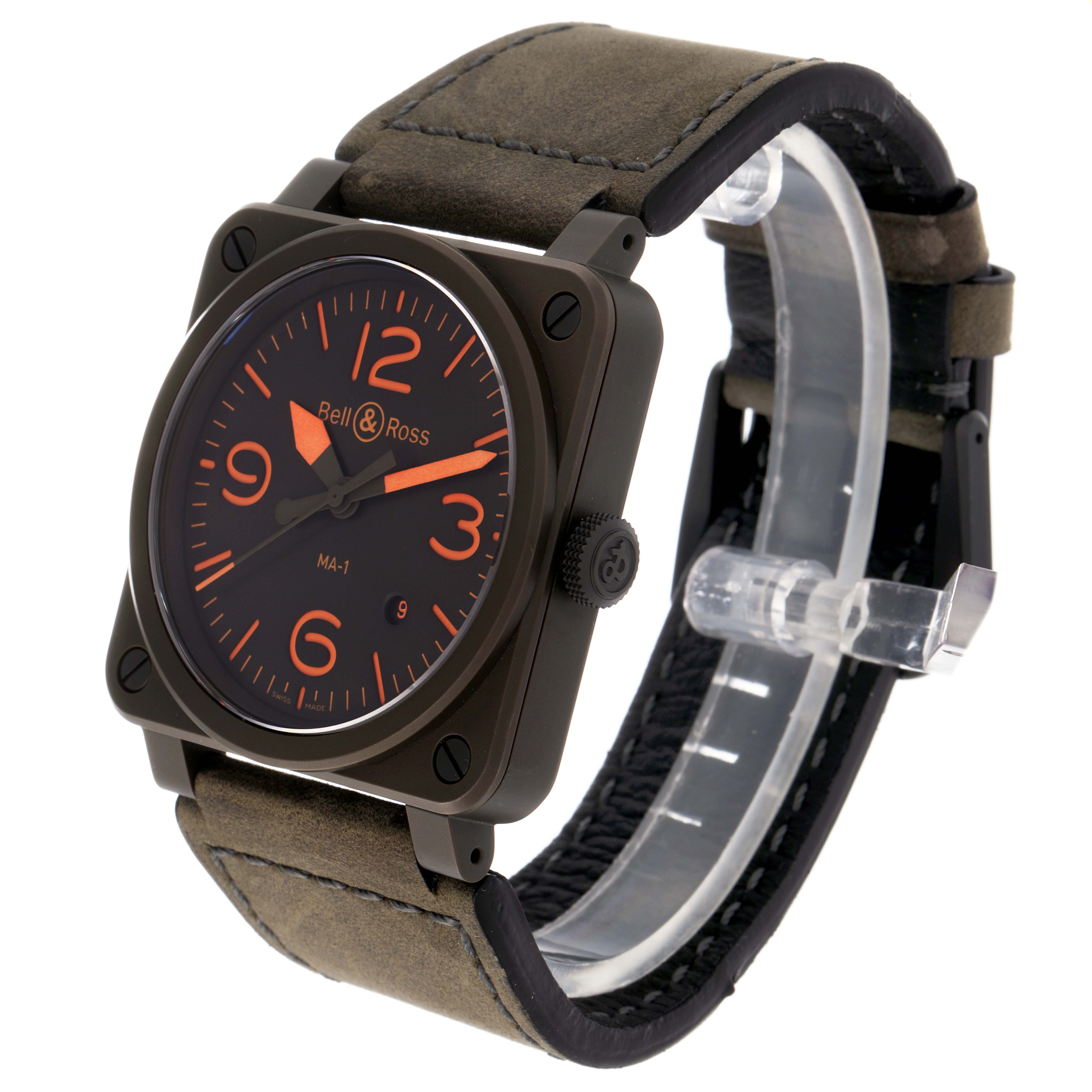 The Bell 
Ross Heritage BR03-92-CKA Men
s Ceramic Brown Dial BR03-92-CKA Men
s Ceramic Brown Dial watch is shown at a three-quarter angle, displaying the face, crown, and strap.