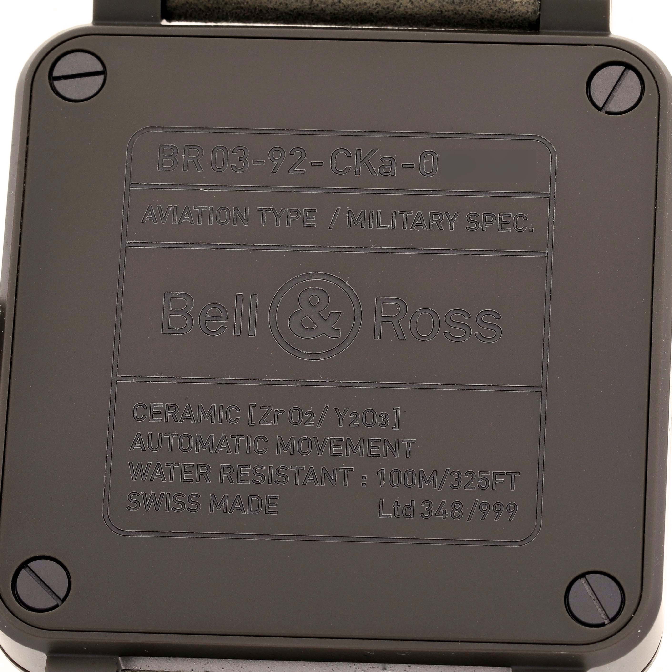 The image shows the back case of a Bell 
Ross Heritage BR03-92-CKA Men
s Ceramic Brown Dial BR03-92-CKA Men
s Ceramic Brown Dial model, detailing specifications and limited edition number.