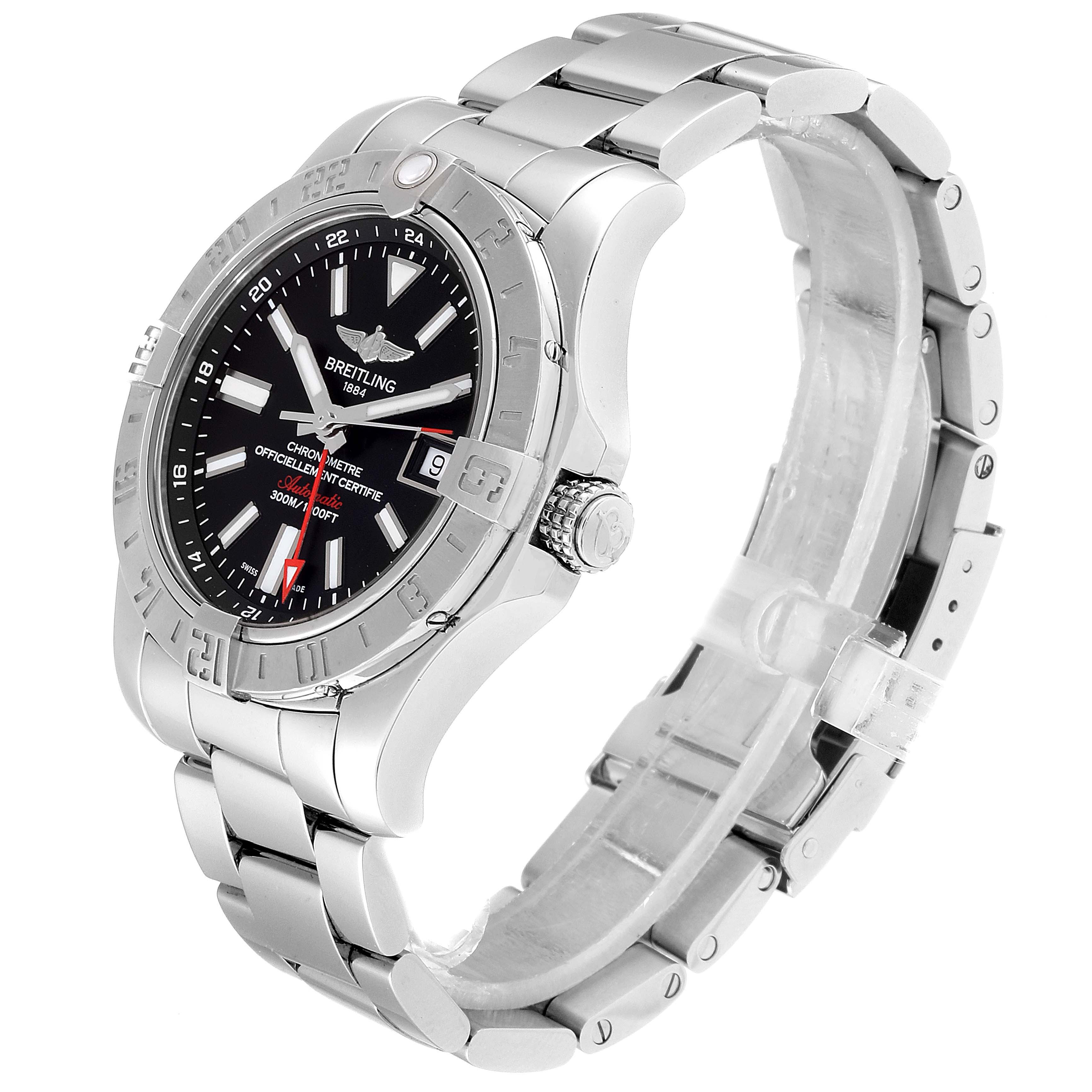 This image shows a side angle of the Breitling Avenger A3239011-C872-170A Men's Stainless Steel Black Dial A3239011-C872-170A Men's Stainless Steel Black Dial watch, featuring its metallic band, bezel, crown, and black dial.